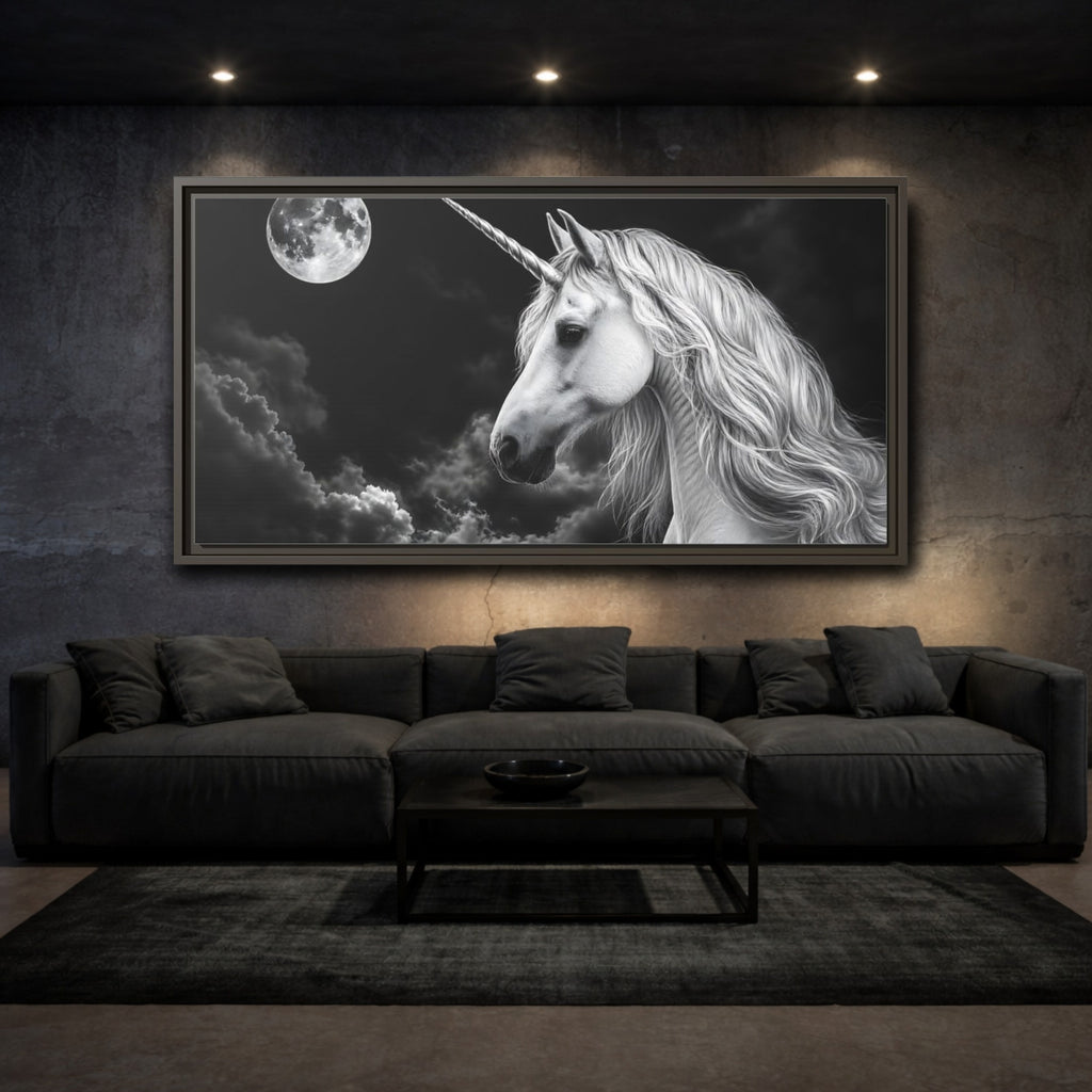 Mockup 3. Fairytale Unicorn Black White Unicorn shown as stretched canvas wall art