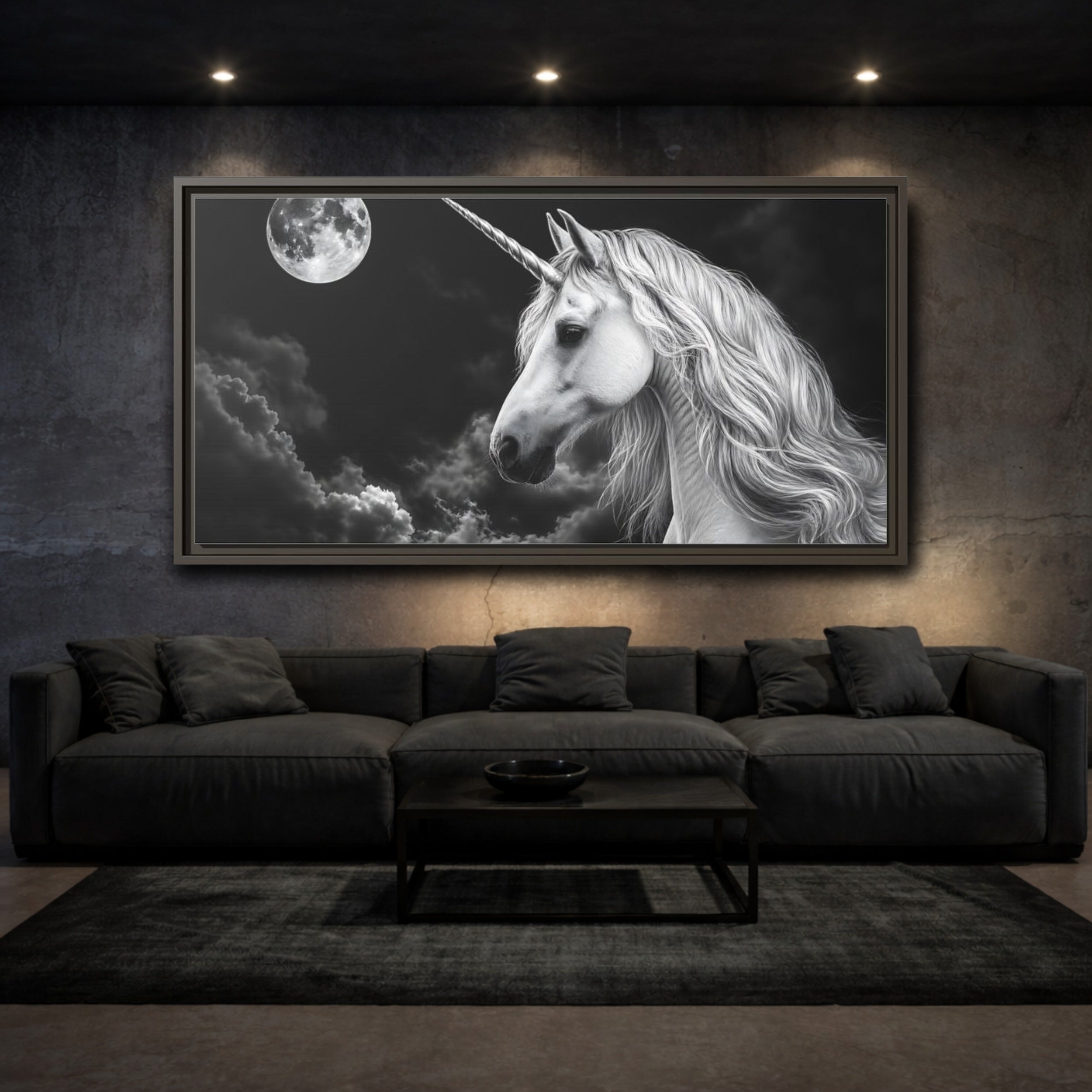 Mockup 3. Fairytale Unicorn Black White Unicorn shown as stretched canvas wall art