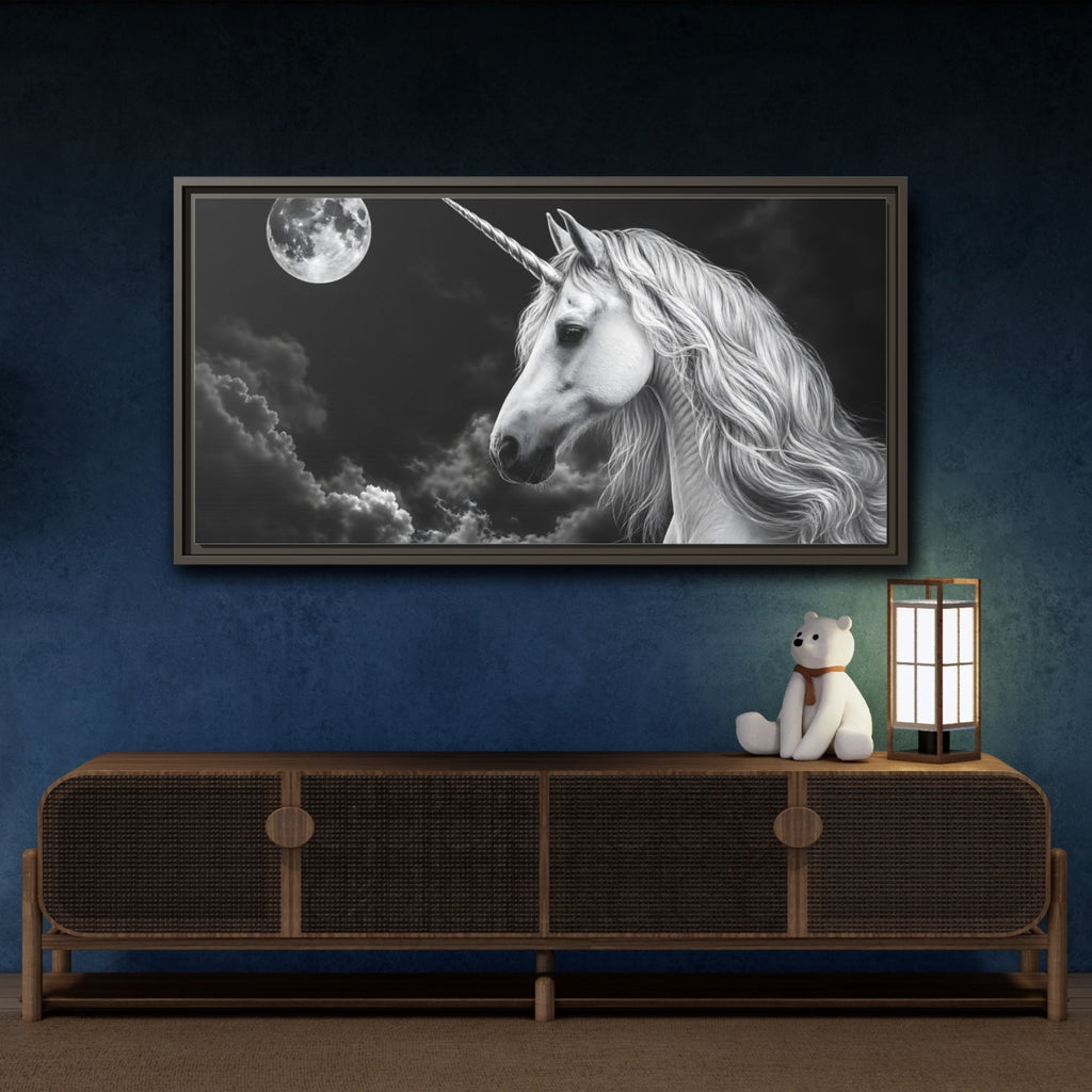 Mockup 4. Fairytale Unicorn Black White Unicorn shown as stretched canvas wall art