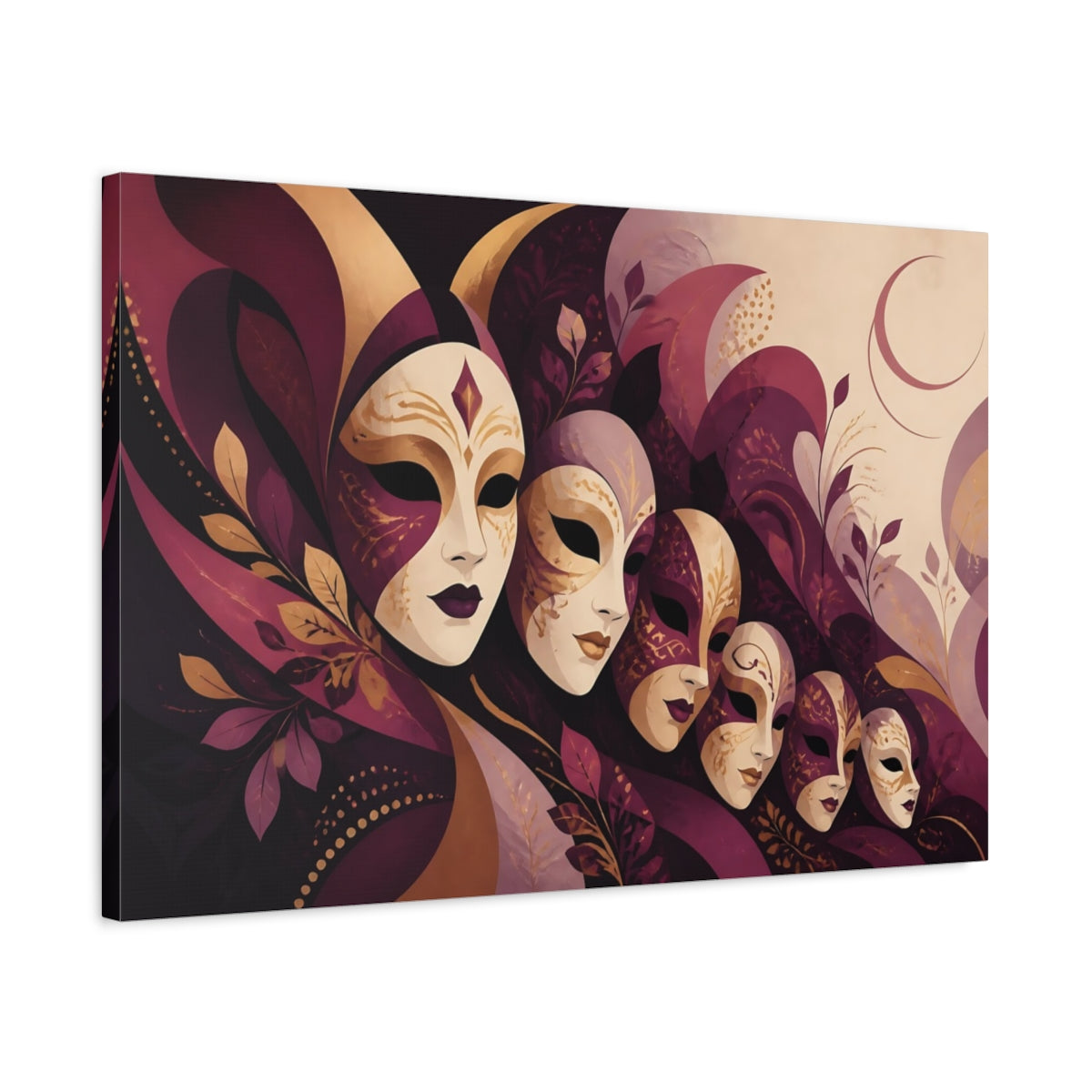 Side Mockup 2. Fairytale Venetian Masks Purple Gold Masks shown as stretched canvas wall art