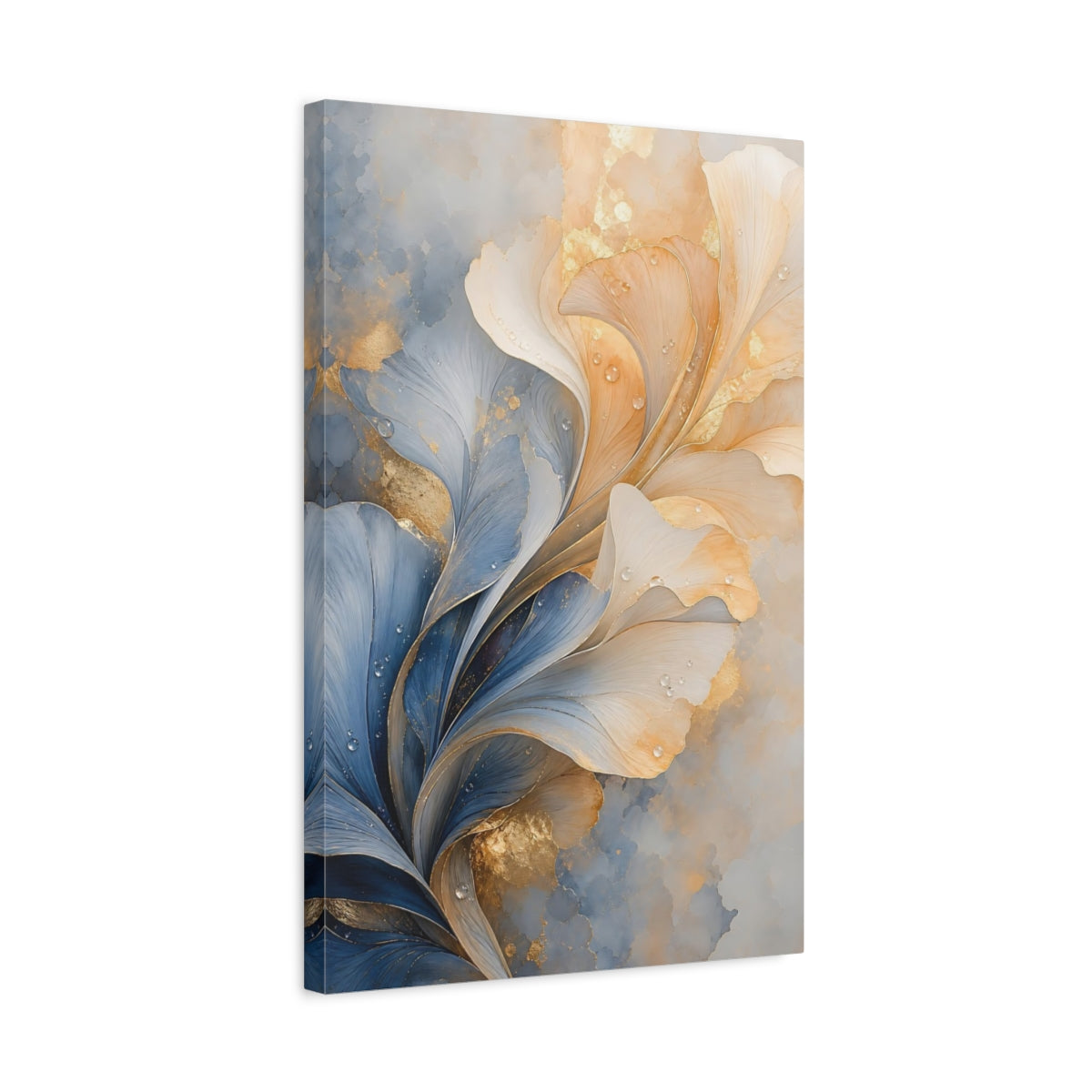 Side Mockup 3. Floral Abstract Flower Blue And Gold Floral shown as stretched canvas wall art