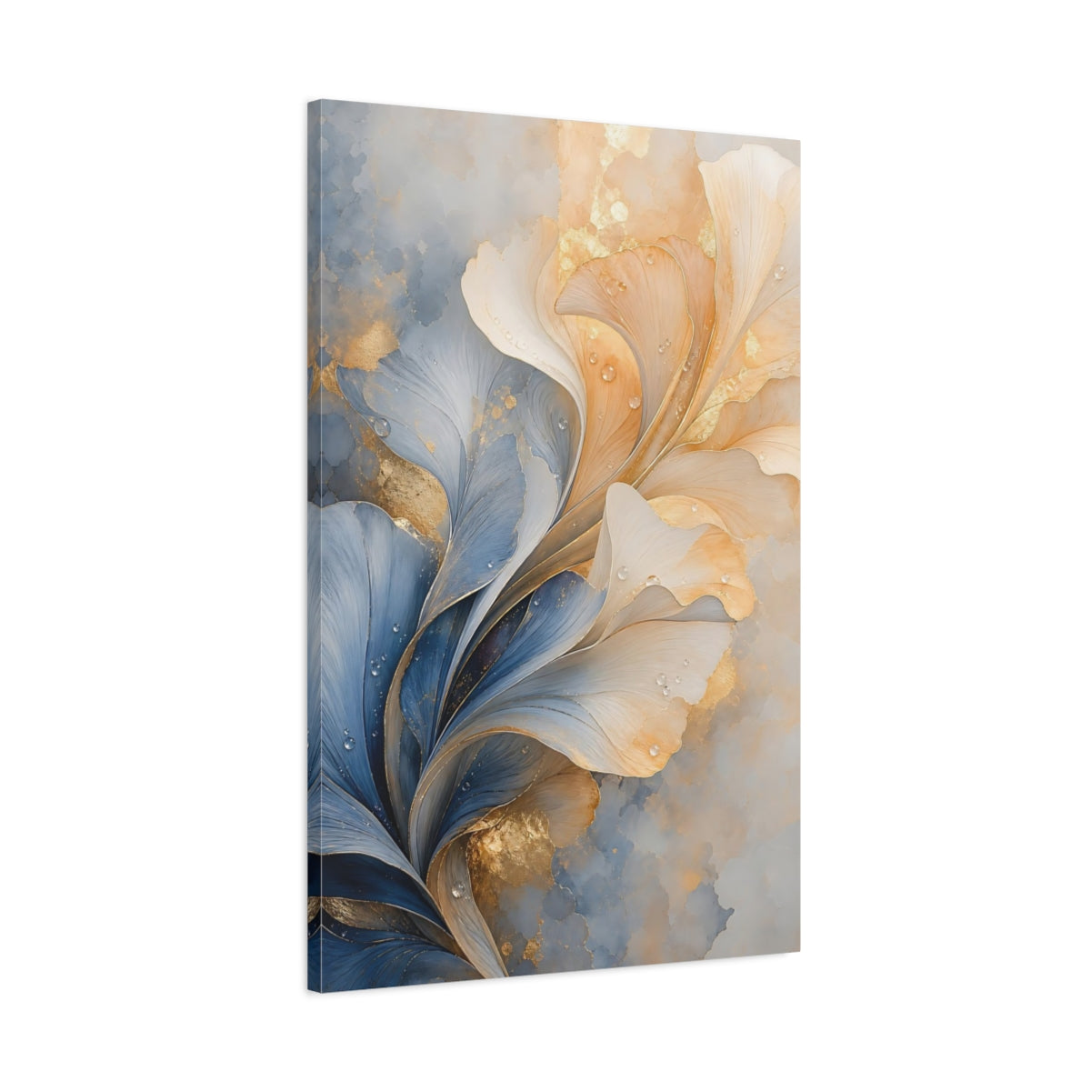 Main Mockup. Floral Abstract Flower Blue And Gold Floral shown as stretched canvas wall art