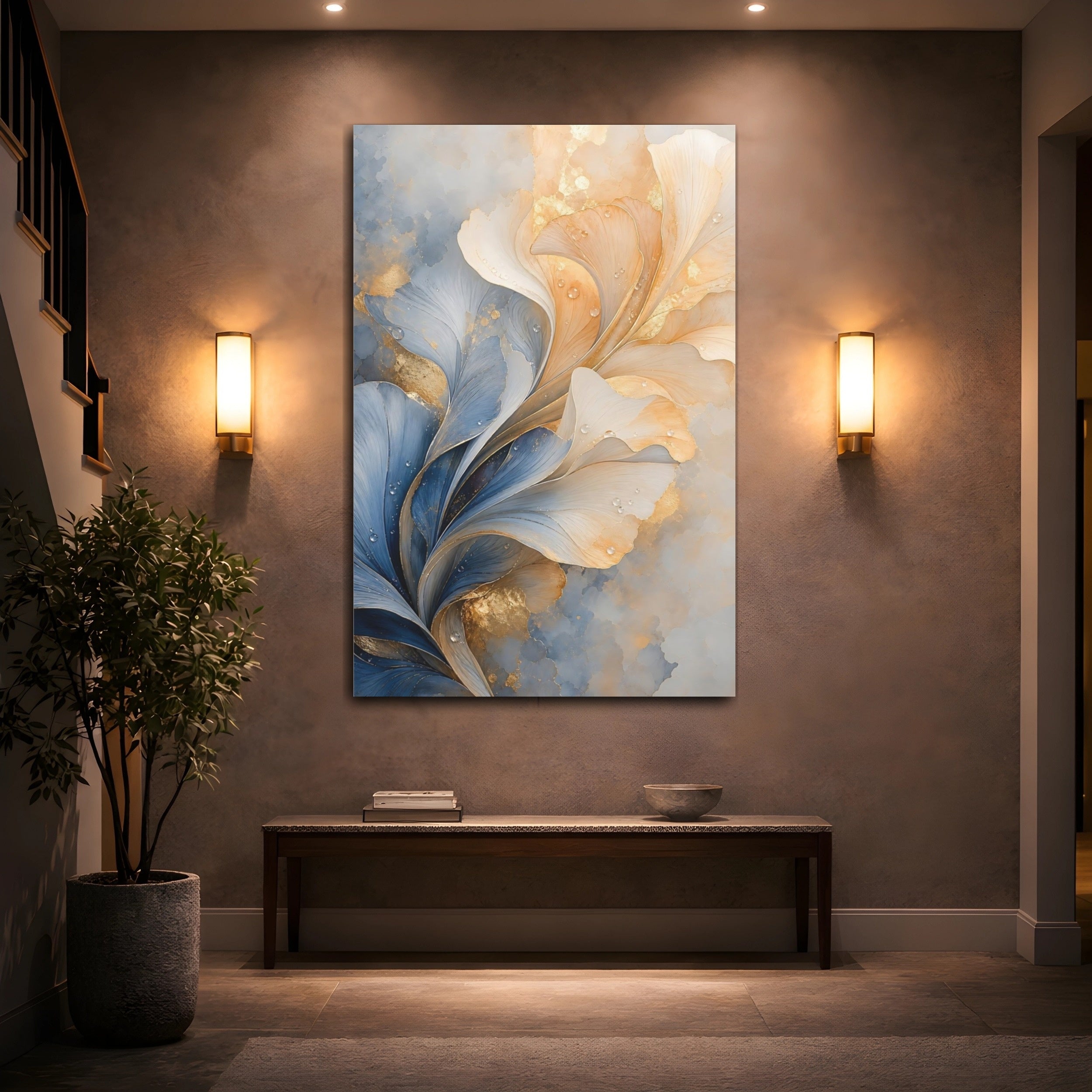 Mockup 2. Floral Abstract Flower Blue And Gold Floral shown as stretched canvas wall art