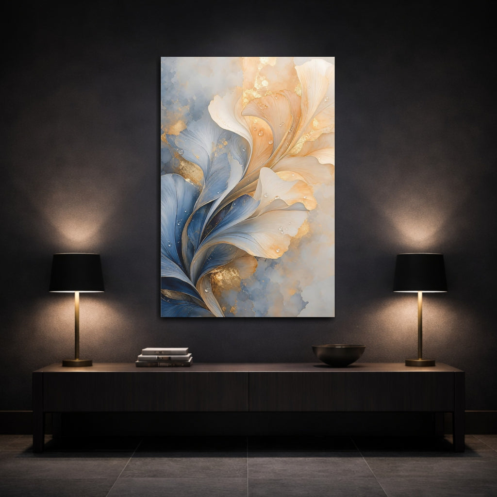 Mockup 3. Floral Abstract Flower Blue And Gold Floral shown as stretched canvas wall art