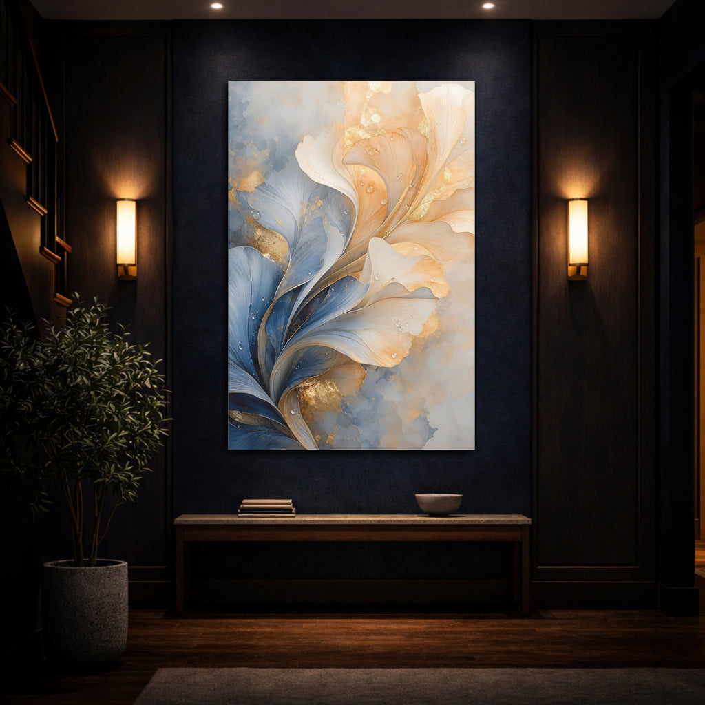 Mockup 4. Floral Abstract Flower Blue And Gold Floral shown as stretched canvas wall art