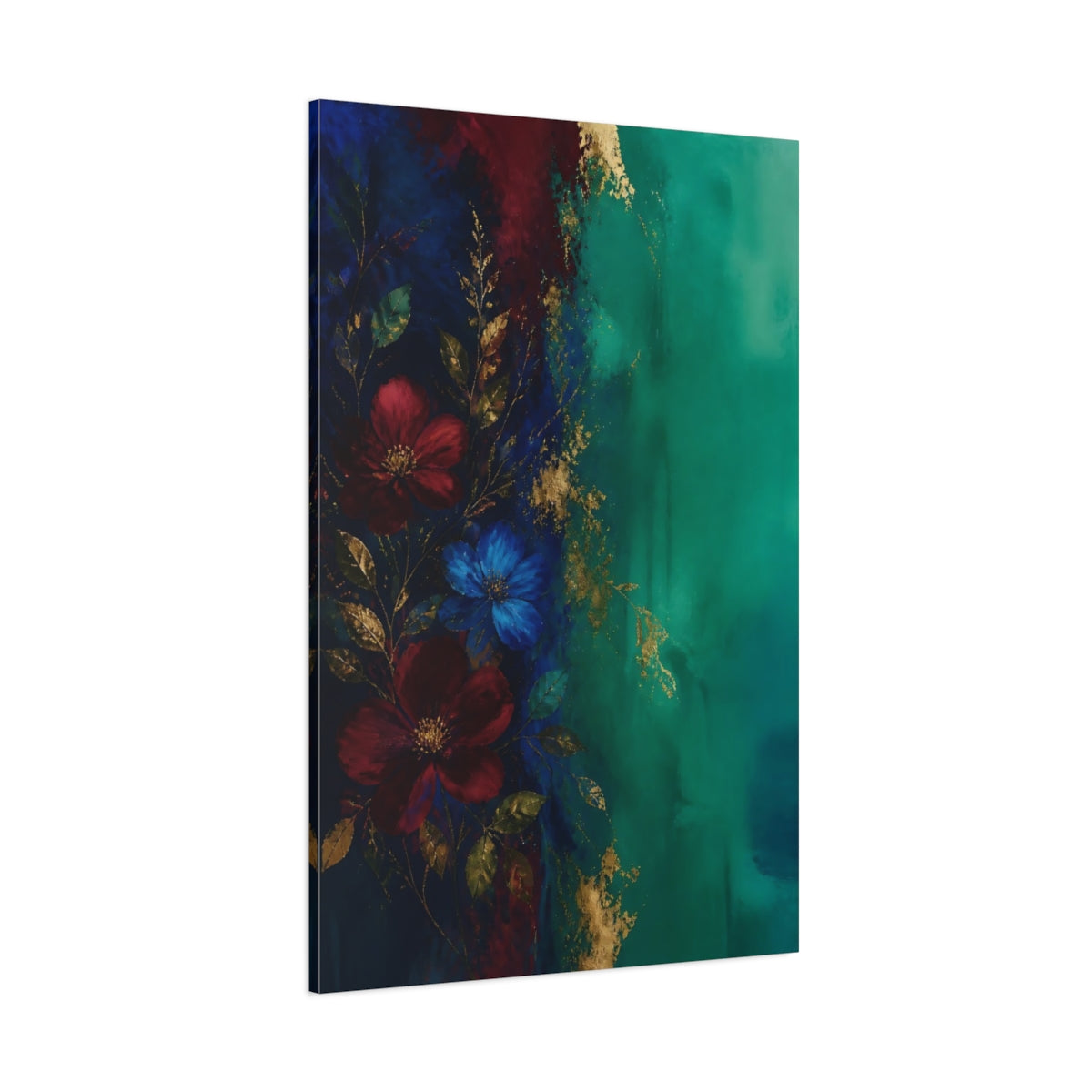 Side Mockup 1. Floral Floral Arrangement Teal Gold Floral shown as stretched canvas wall art