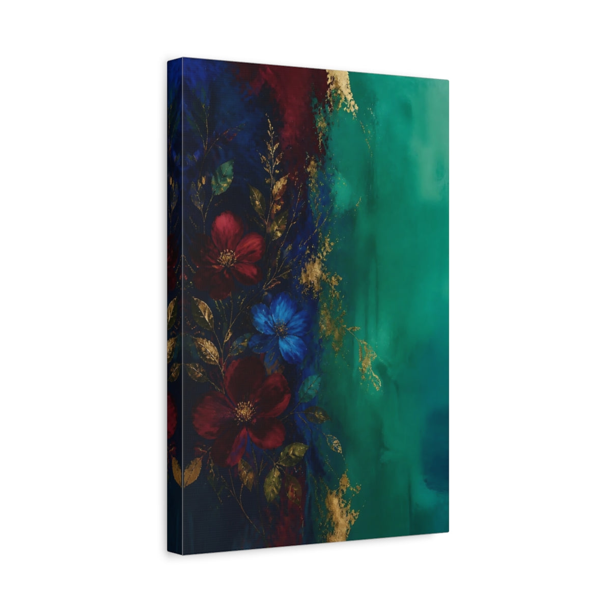Side Mockup 4. Floral Floral Arrangement Teal Gold Floral shown as stretched canvas wall art