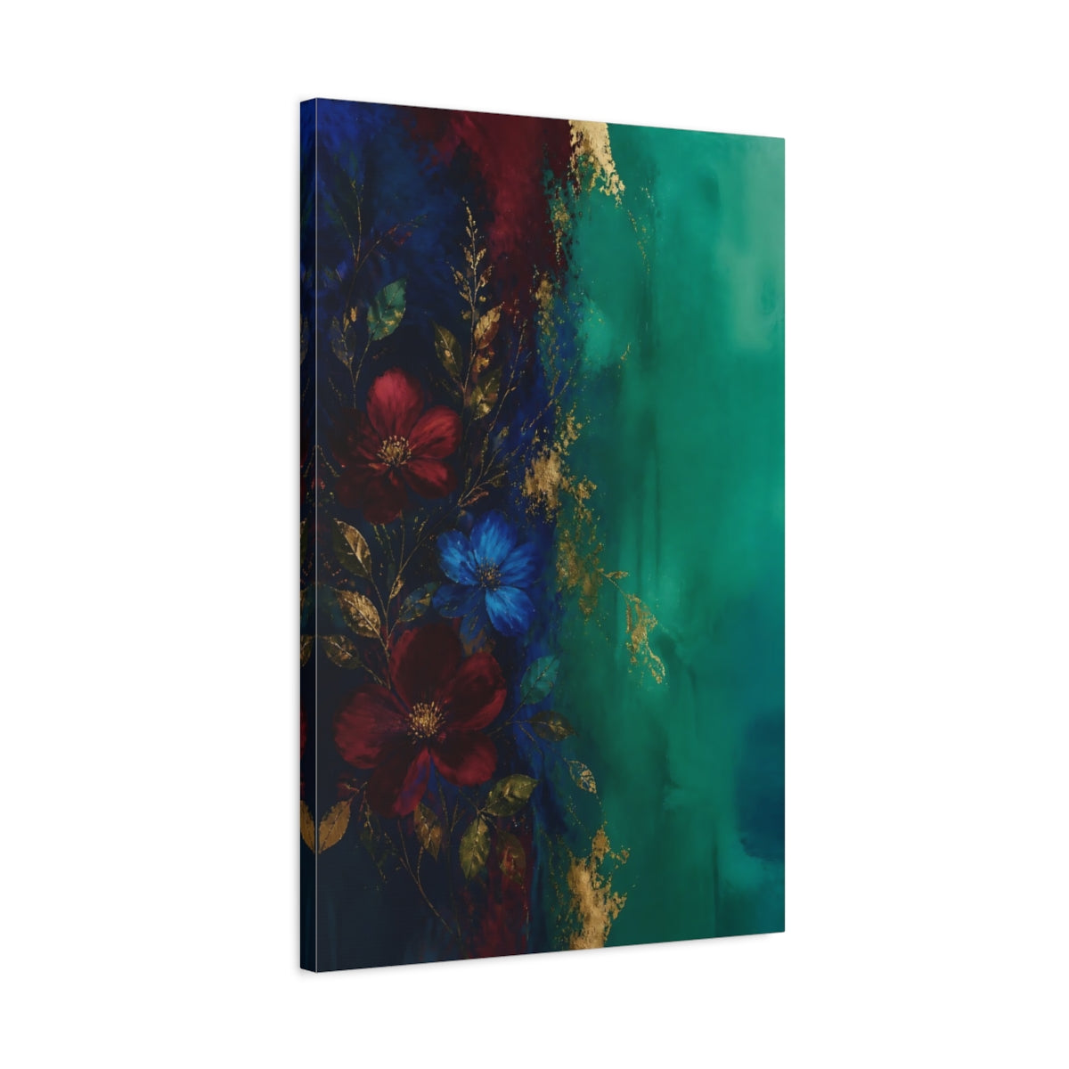 Side Mockup 2. Floral Floral Arrangement Teal Gold Floral shown as stretched canvas wall art