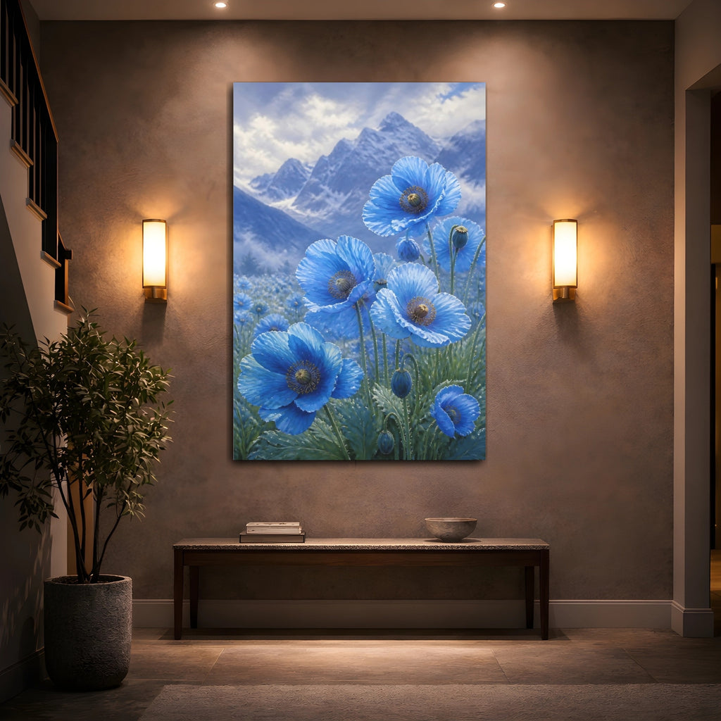Mockup 2. Floral Blue Poppies Blue Poppies shown as stretched canvas wall art