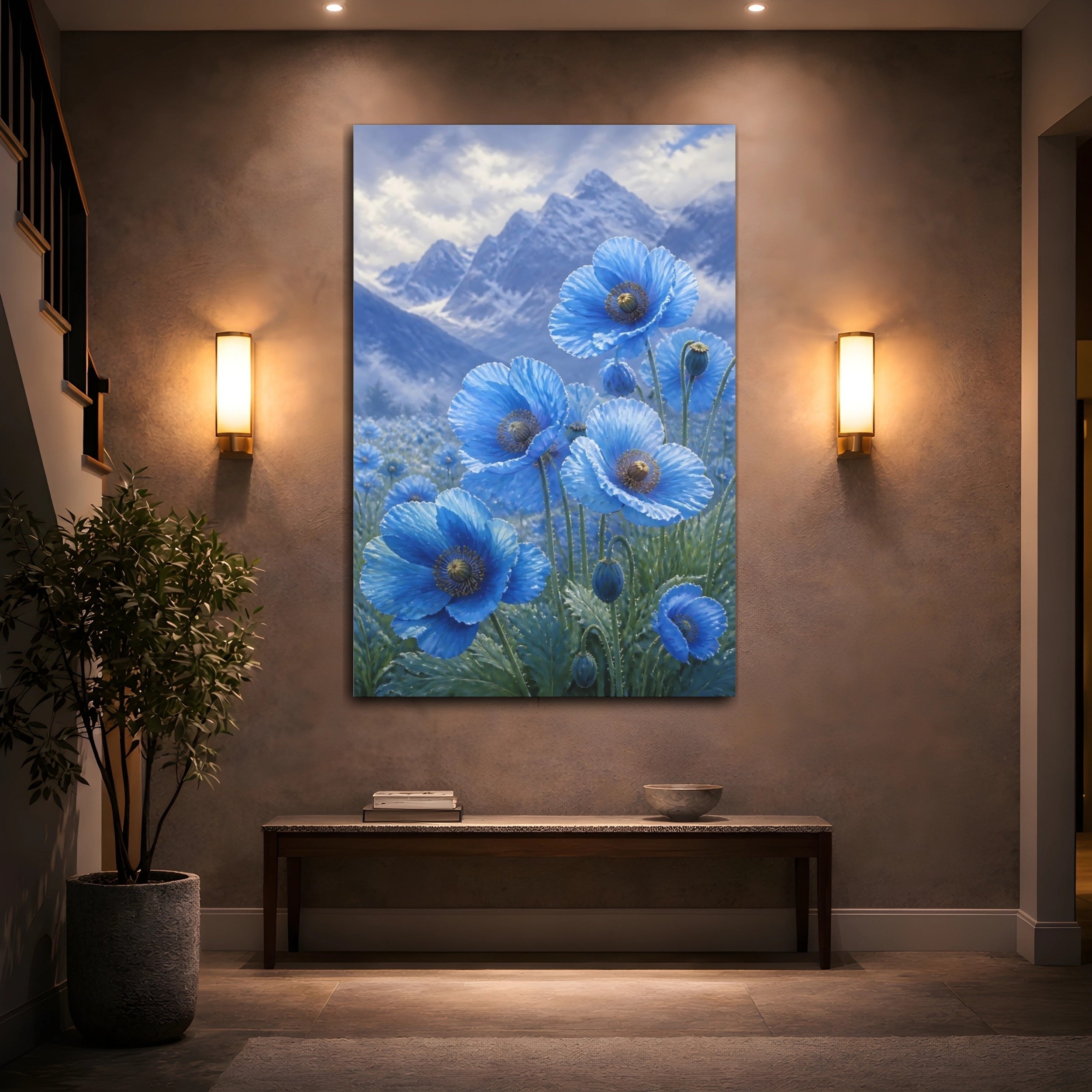 Mockup 2. Floral Blue Poppies Blue Poppies shown as stretched canvas wall art