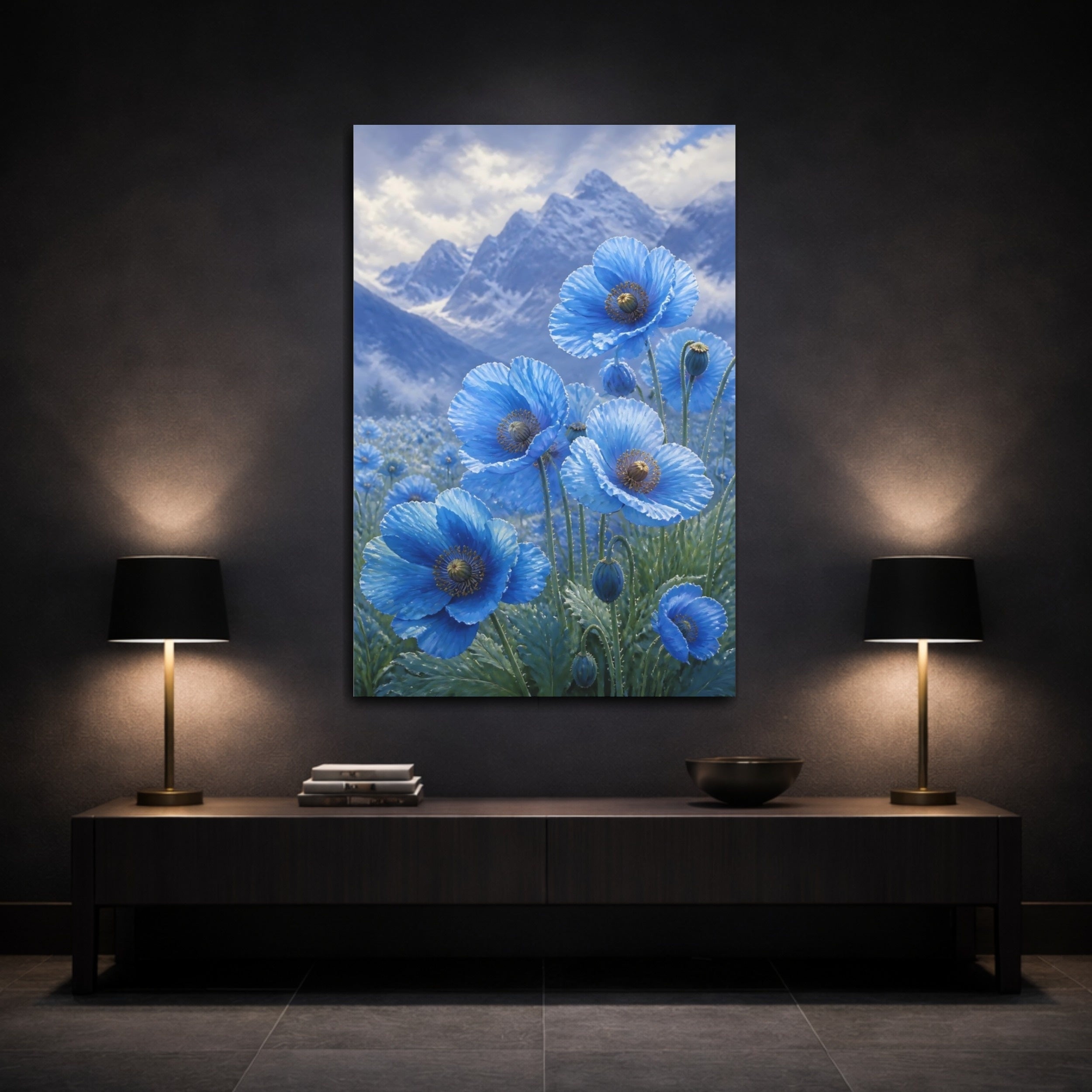 Mockup 3. Floral Blue Poppies Blue Poppies shown as stretched canvas wall art