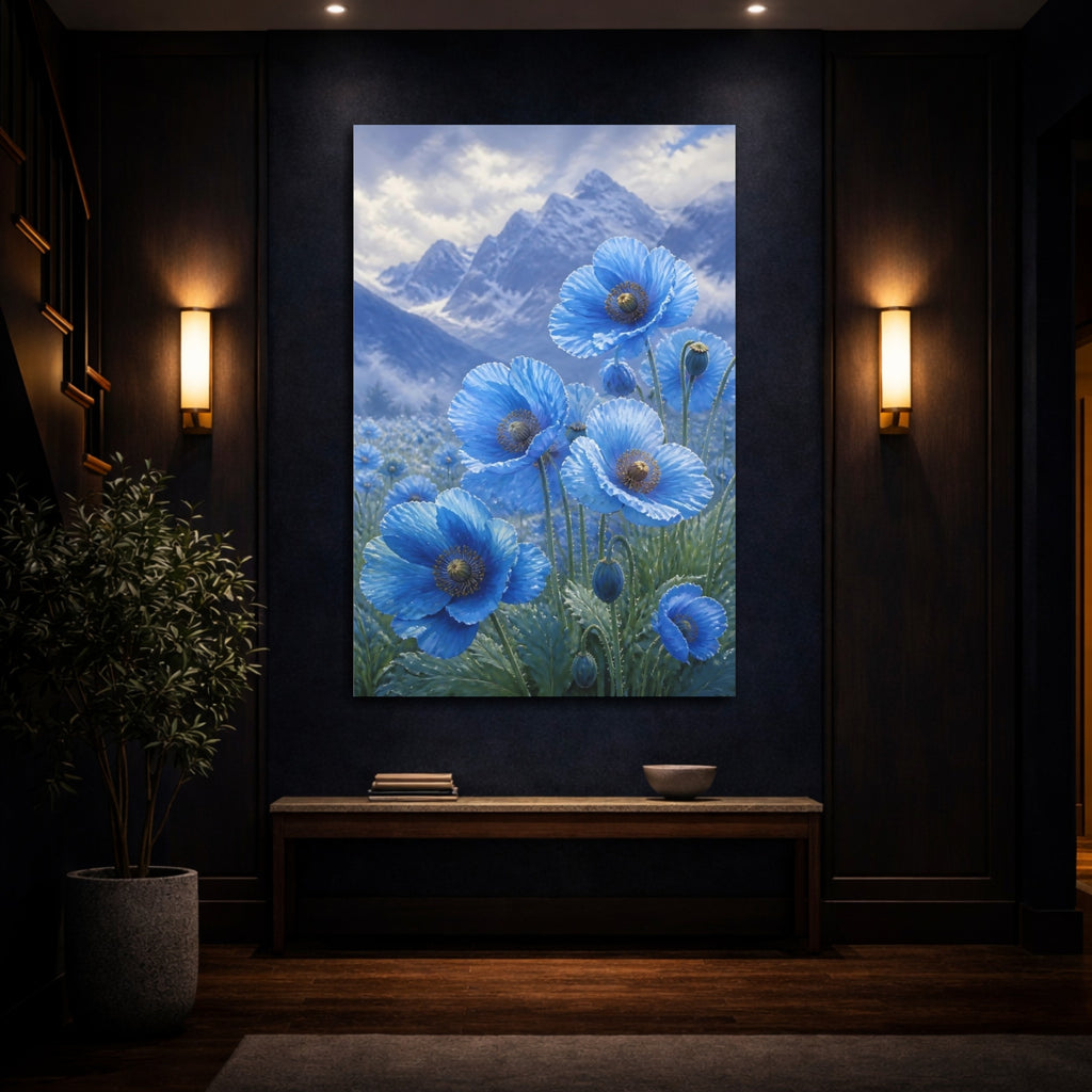 Mockup 4. Floral Blue Poppies Blue Poppies shown as stretched canvas wall art