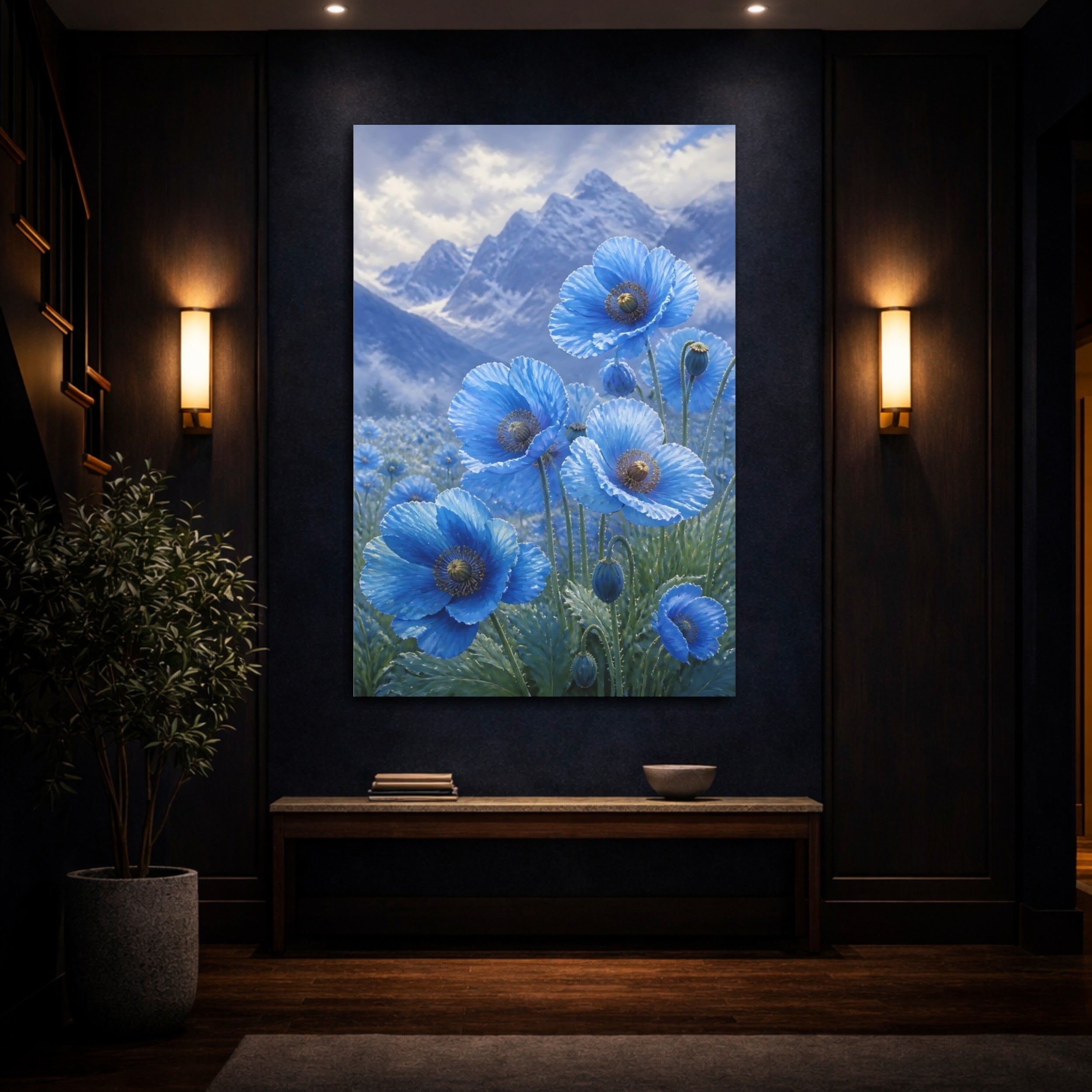 Mockup 4. Floral Blue Poppies Blue Poppies shown as stretched canvas wall art