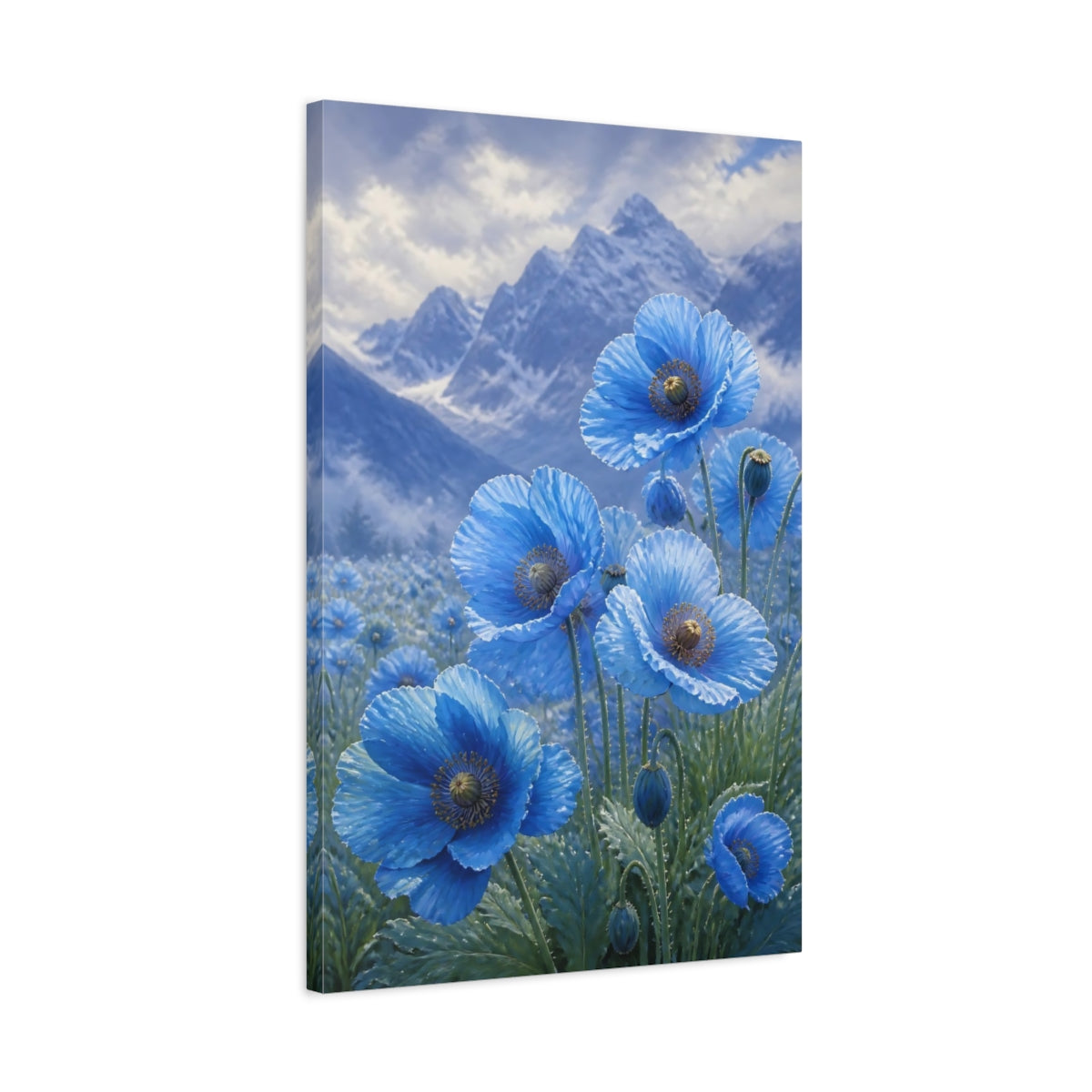 Side Mockup 2. Floral Blue Poppies Blue Poppies shown as stretched canvas wall art