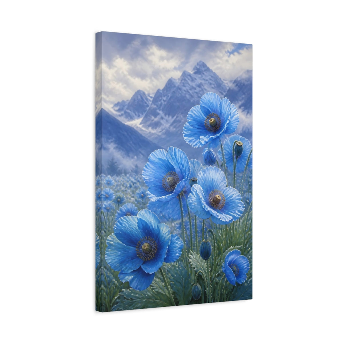 Side Mockup 3. Floral Blue Poppies Blue Poppies shown as stretched canvas wall art