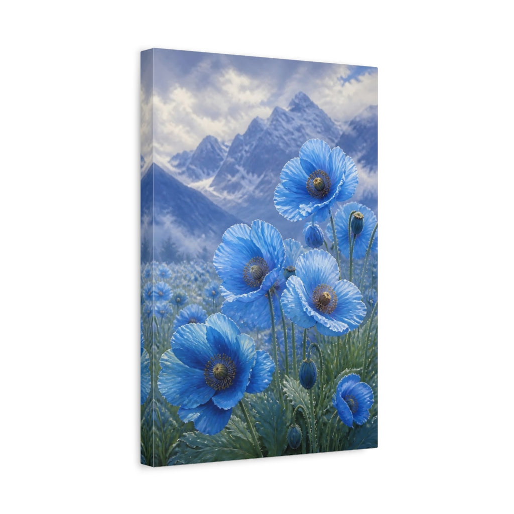 Side Mockup 4. Floral Blue Poppies Blue Poppies shown as stretched canvas wall art