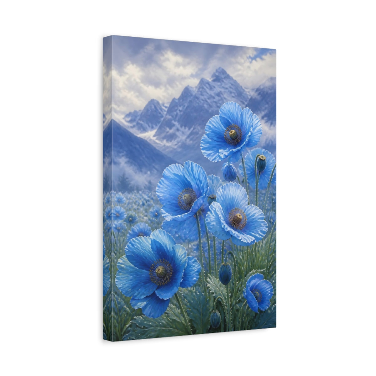 Side Mockup 4. Floral Blue Poppies Blue Poppies shown as stretched canvas wall art