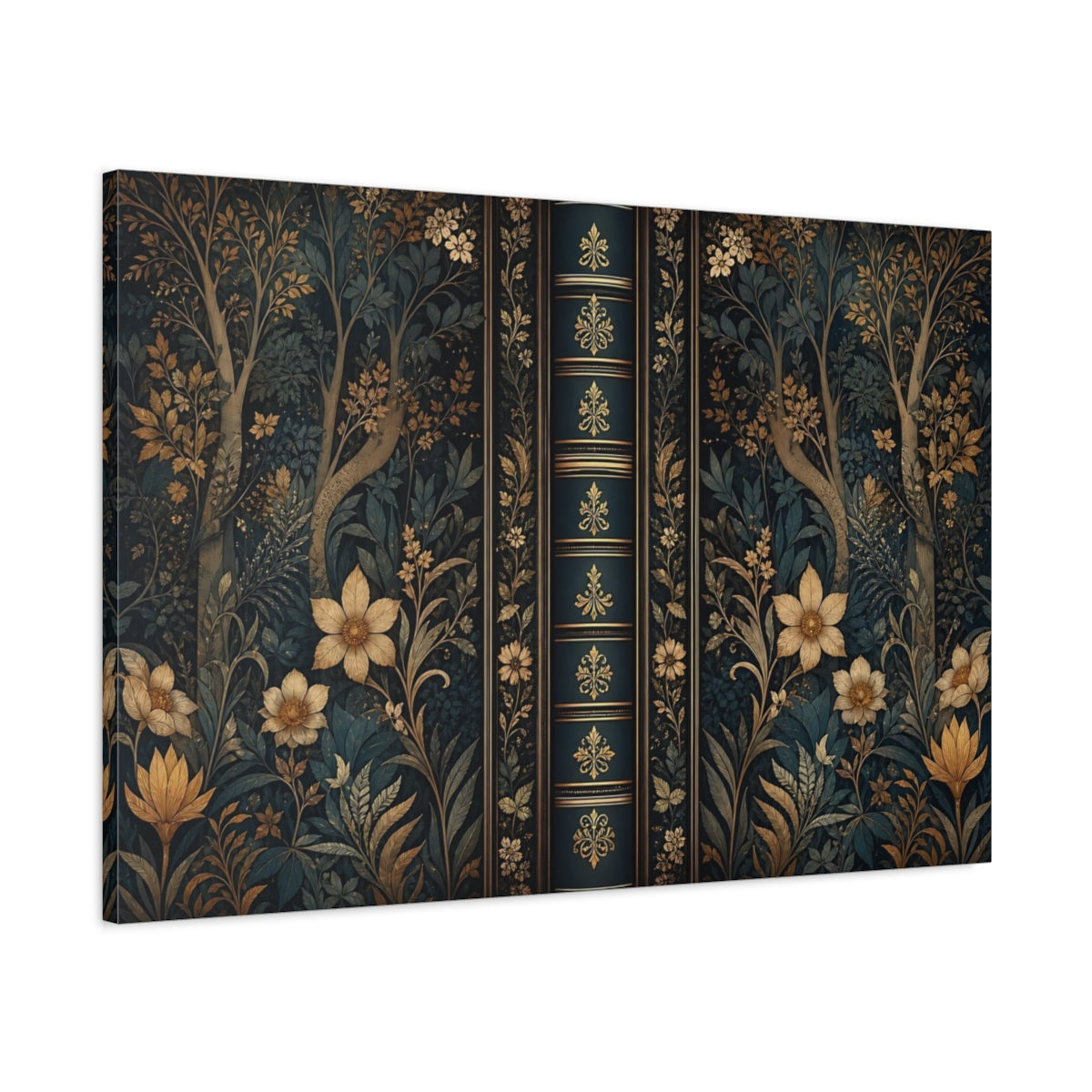 Main Mockup. Floral Botanical Pattern Dark Teal Gold shown as stretched canvas wall art