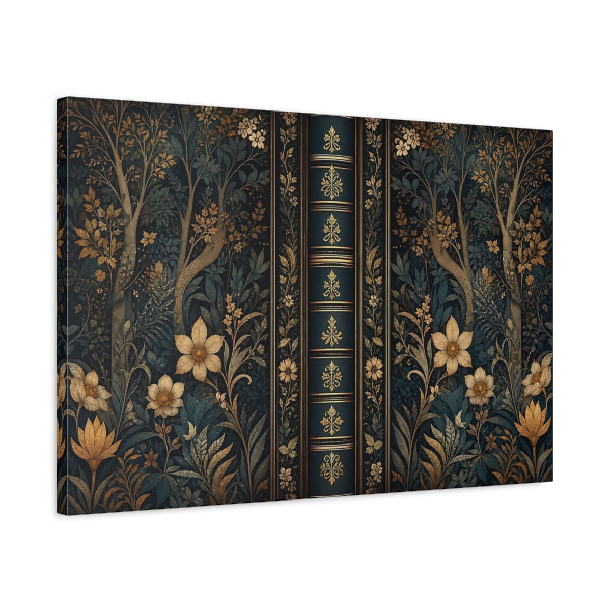 Side Mockup 2. Floral Botanical Pattern Dark Teal Gold shown as stretched canvas wall art