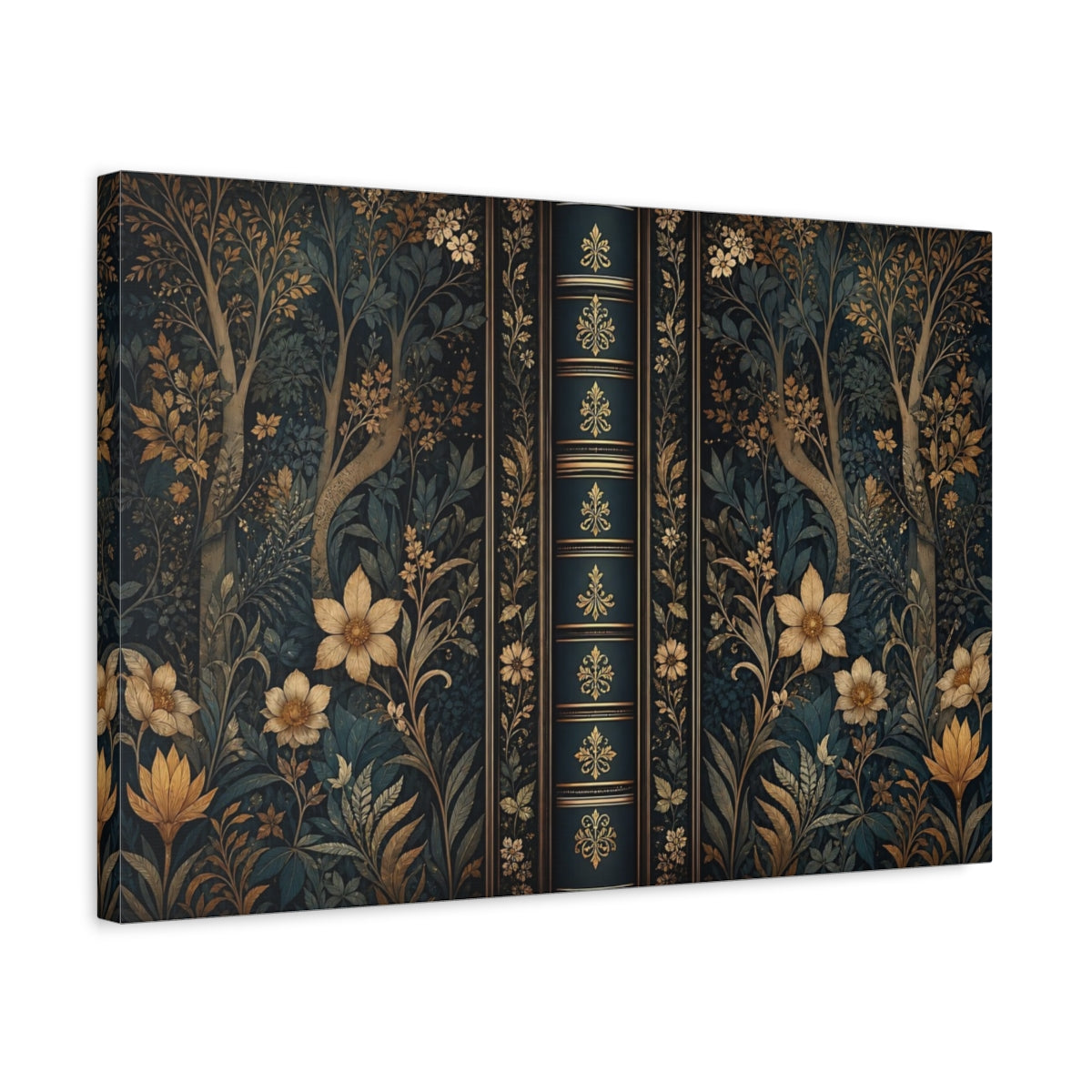Side Mockup 3. Floral Botanical Pattern Dark Teal Gold shown as stretched canvas wall art