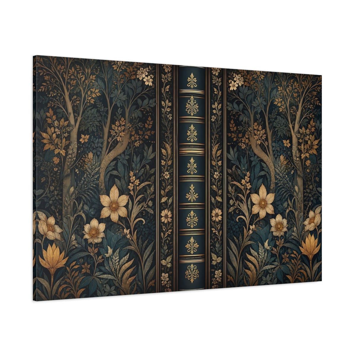 Side Mockup 1. Floral Botanical Pattern Dark Teal Gold shown as stretched canvas wall art