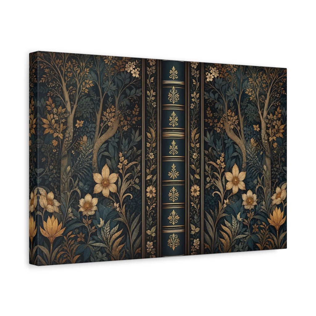Side Mockup 4. Floral Botanical Pattern Dark Teal Gold shown as stretched canvas wall art