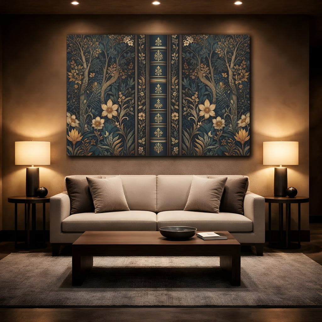 Mockup 2. Floral Botanical Pattern Dark Teal Gold shown as stretched canvas wall art