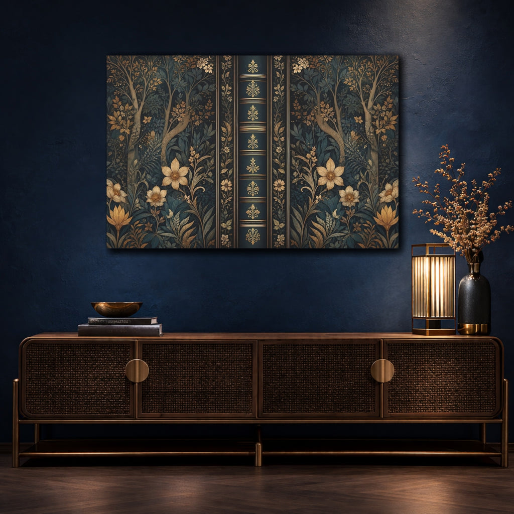 Mockup 4. Floral Botanical Pattern Dark Teal Gold shown as stretched canvas wall art