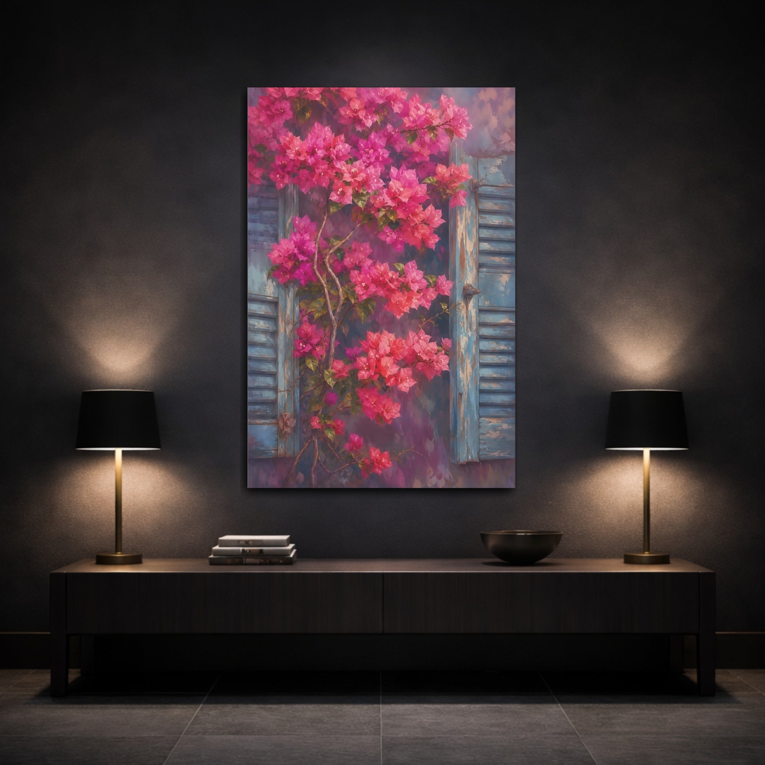 Mockup 3. Floral Bougainvillea Pink Bougainvillea shown as stretched canvas wall art