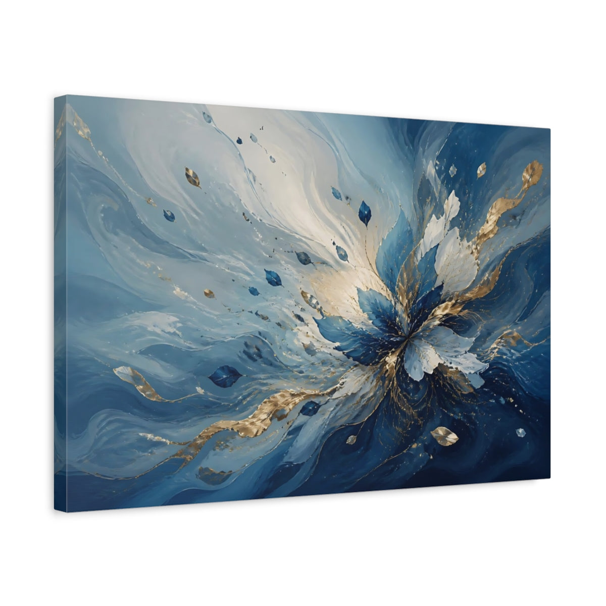Side Mockup 3. Floral Floral Burst Blue And Gold shown as stretched canvas wall art