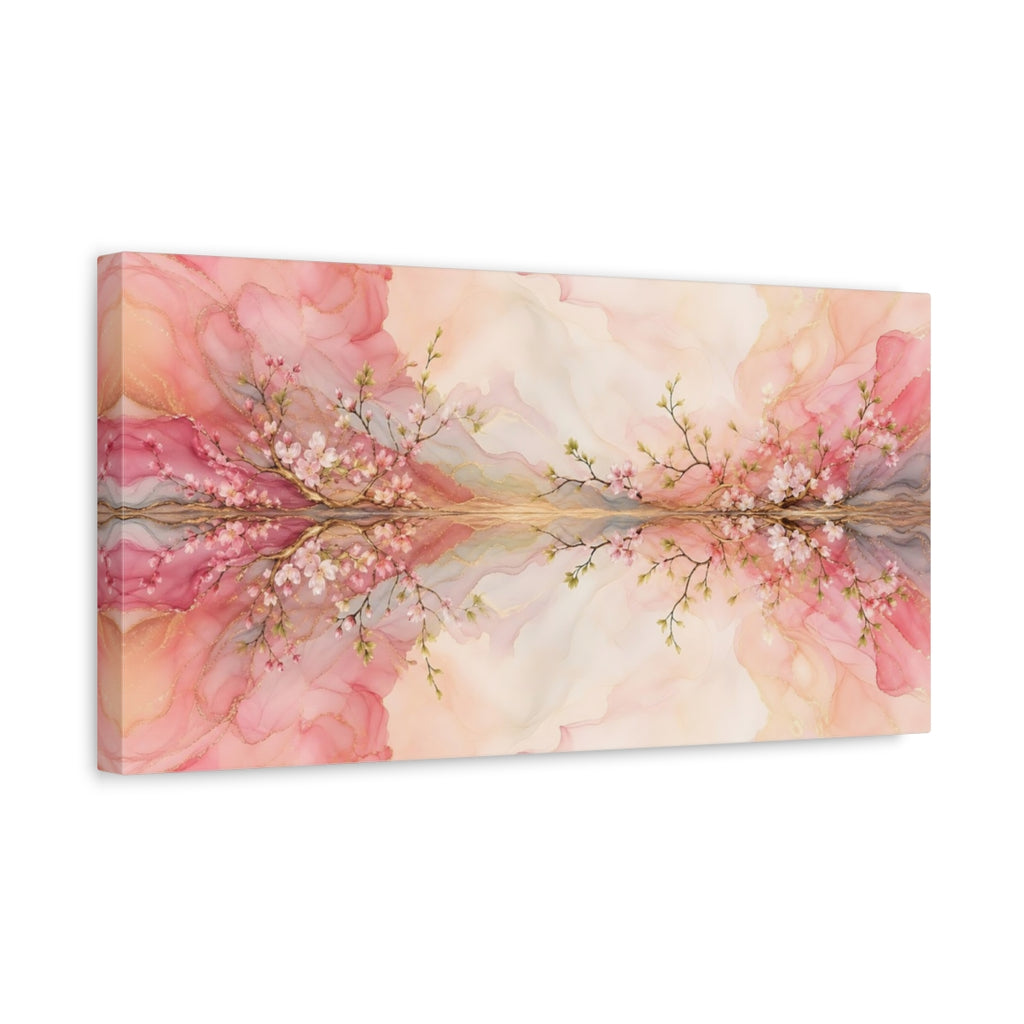 Side Mockup 3. Floral Cherry Blossom Pink Gold Floral shown as stretched canvas wall art