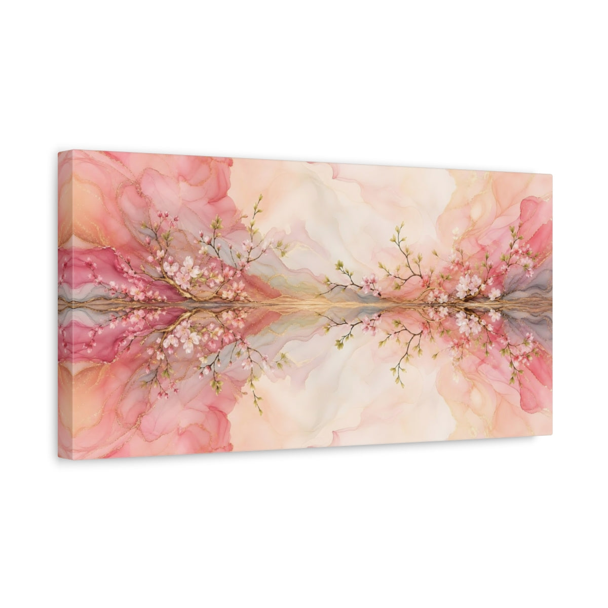 Side Mockup 3. Floral Cherry Blossom Pink Gold Floral shown as stretched canvas wall art