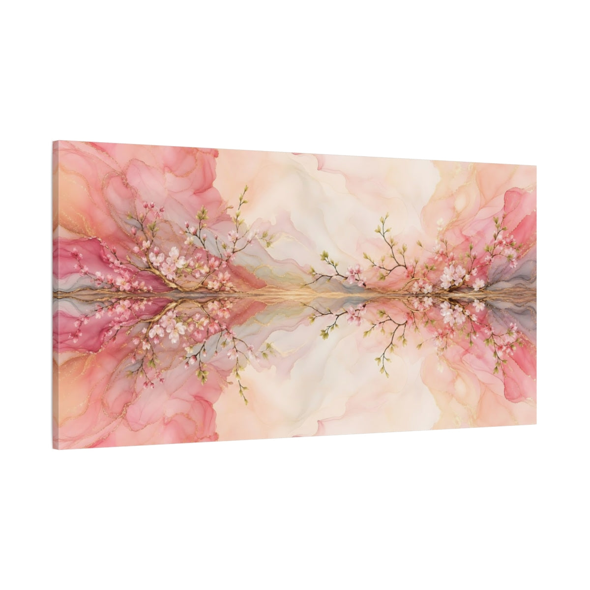 Side Mockup 2. Floral Cherry Blossom Pink Gold Floral shown as stretched canvas wall art