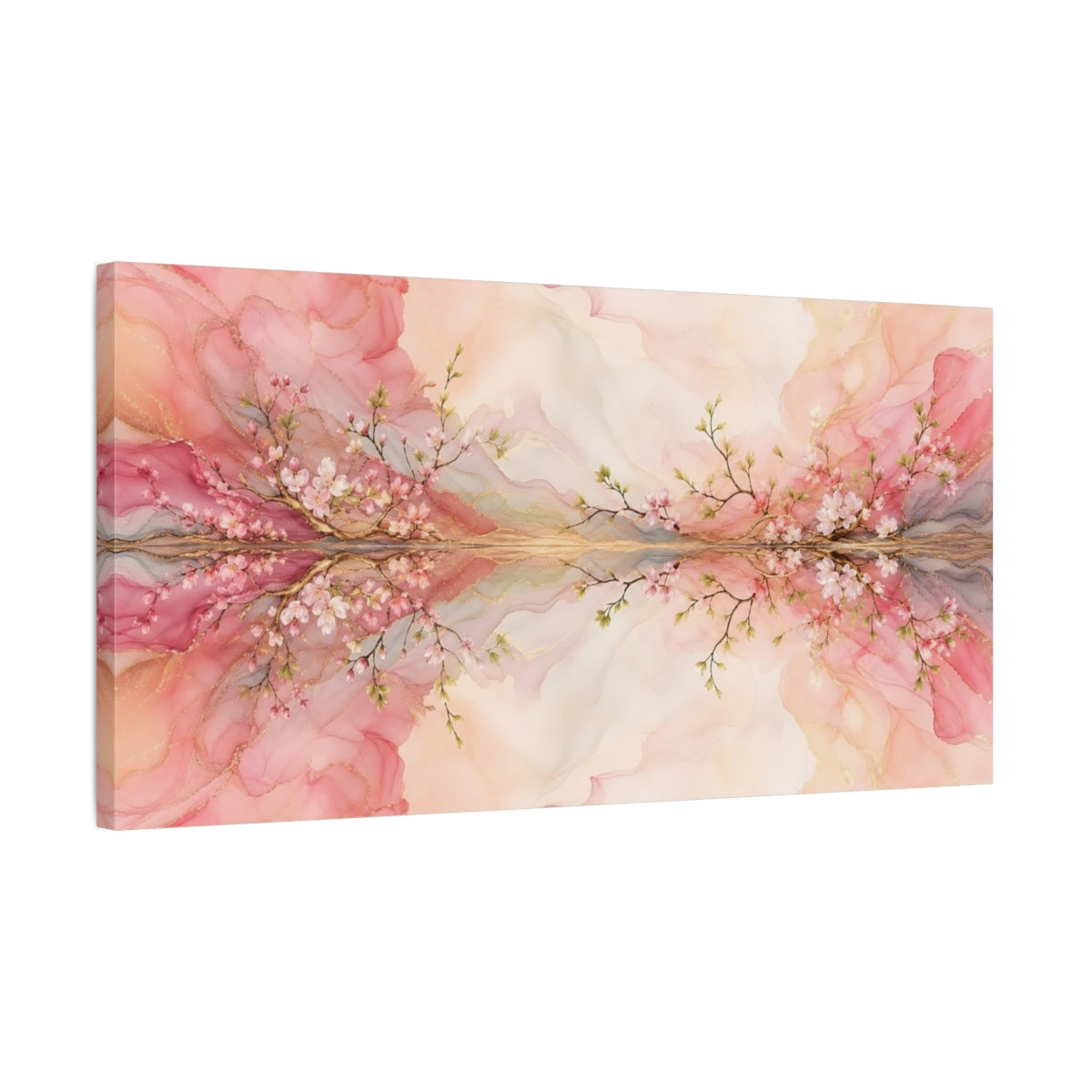 Side Mockup 1. Floral Cherry Blossom Pink Gold Floral shown as stretched canvas wall art