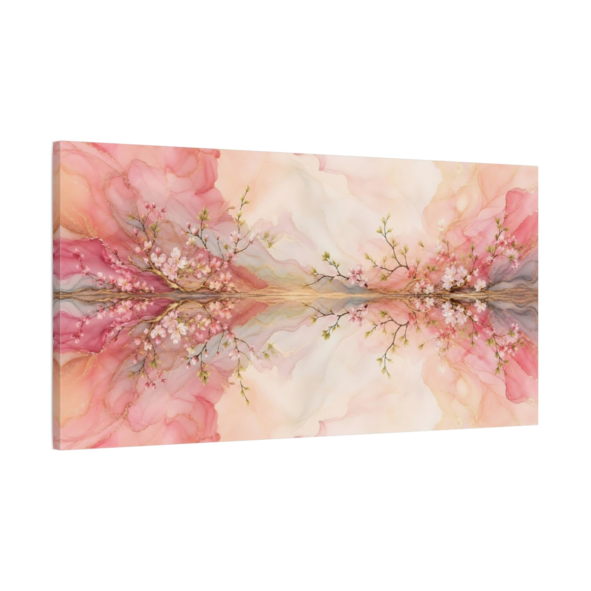 Main Mockup. Floral Cherry Blossom Pink Gold Floral shown as stretched canvas wall art