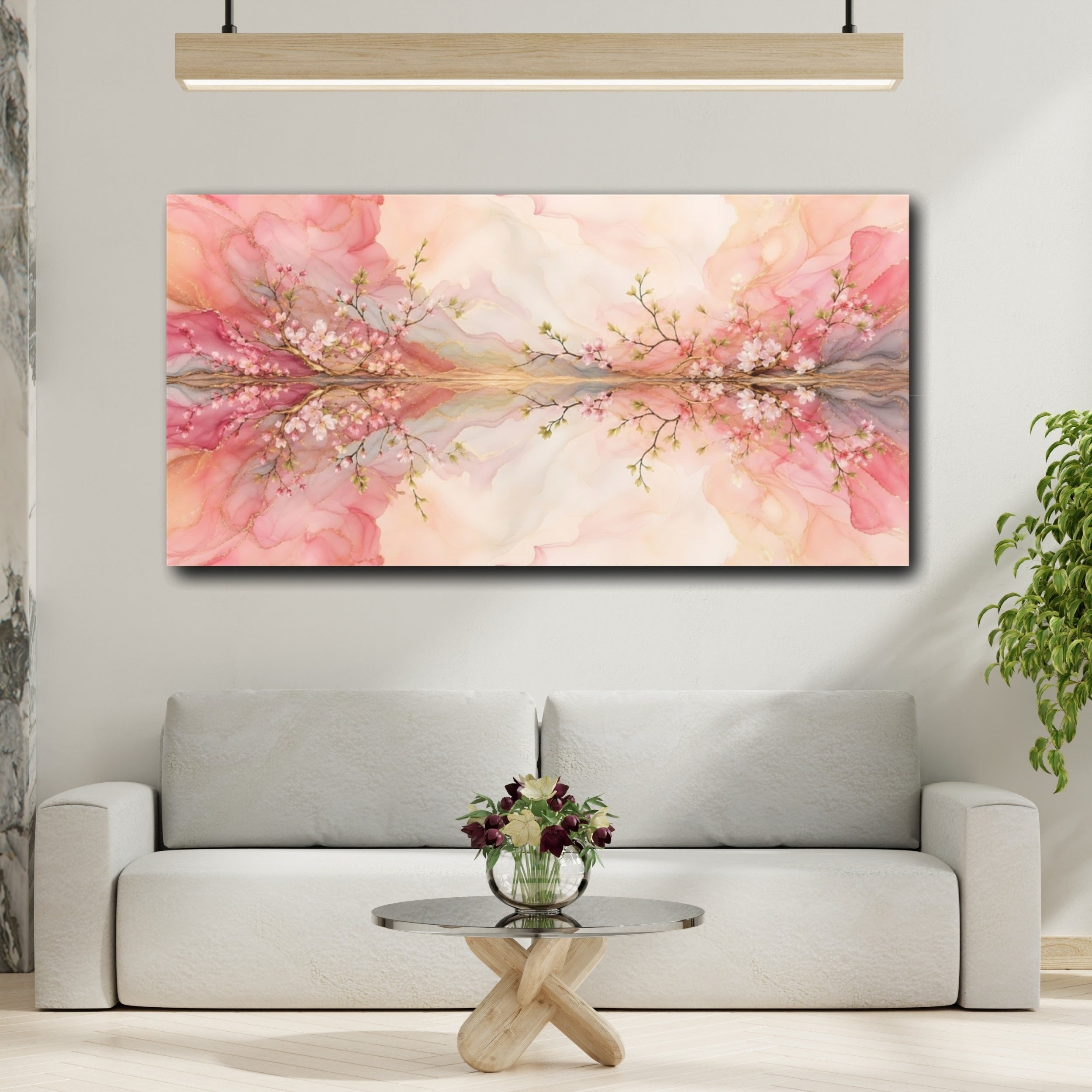 Mockup 2. Floral Cherry Blossom Pink Gold Floral shown as stretched canvas wall art