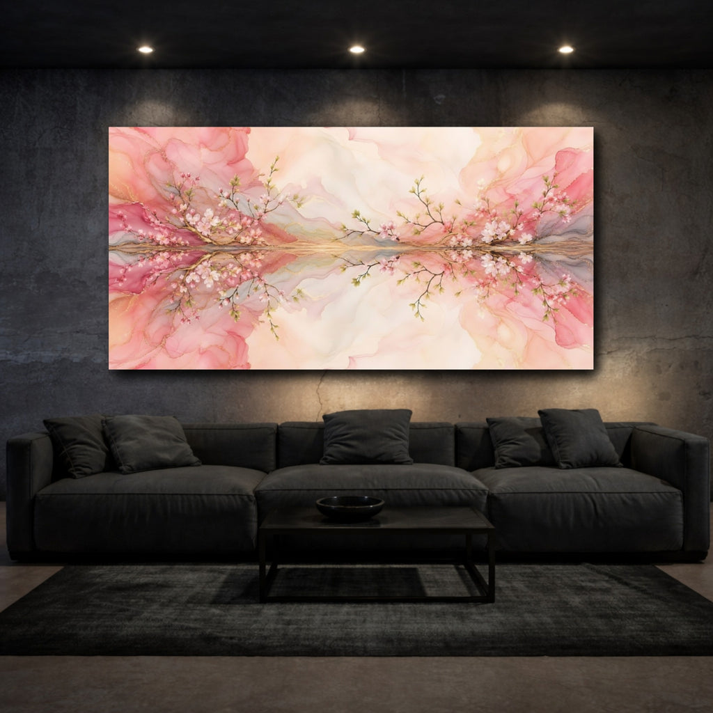 Mockup 3. Floral Cherry Blossom Pink Gold Floral shown as stretched canvas wall art