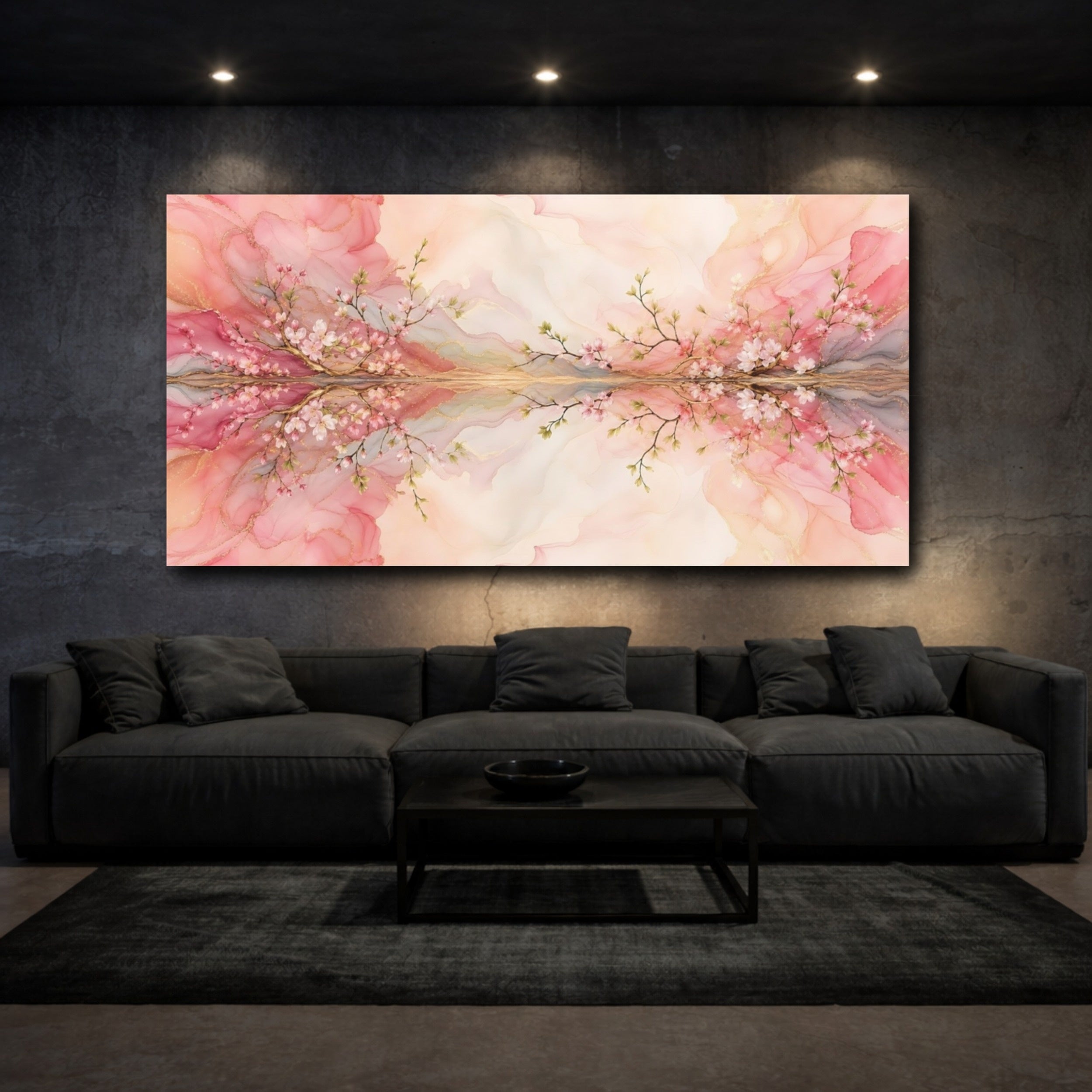 Mockup 3. Floral Cherry Blossom Pink Gold Floral shown as stretched canvas wall art