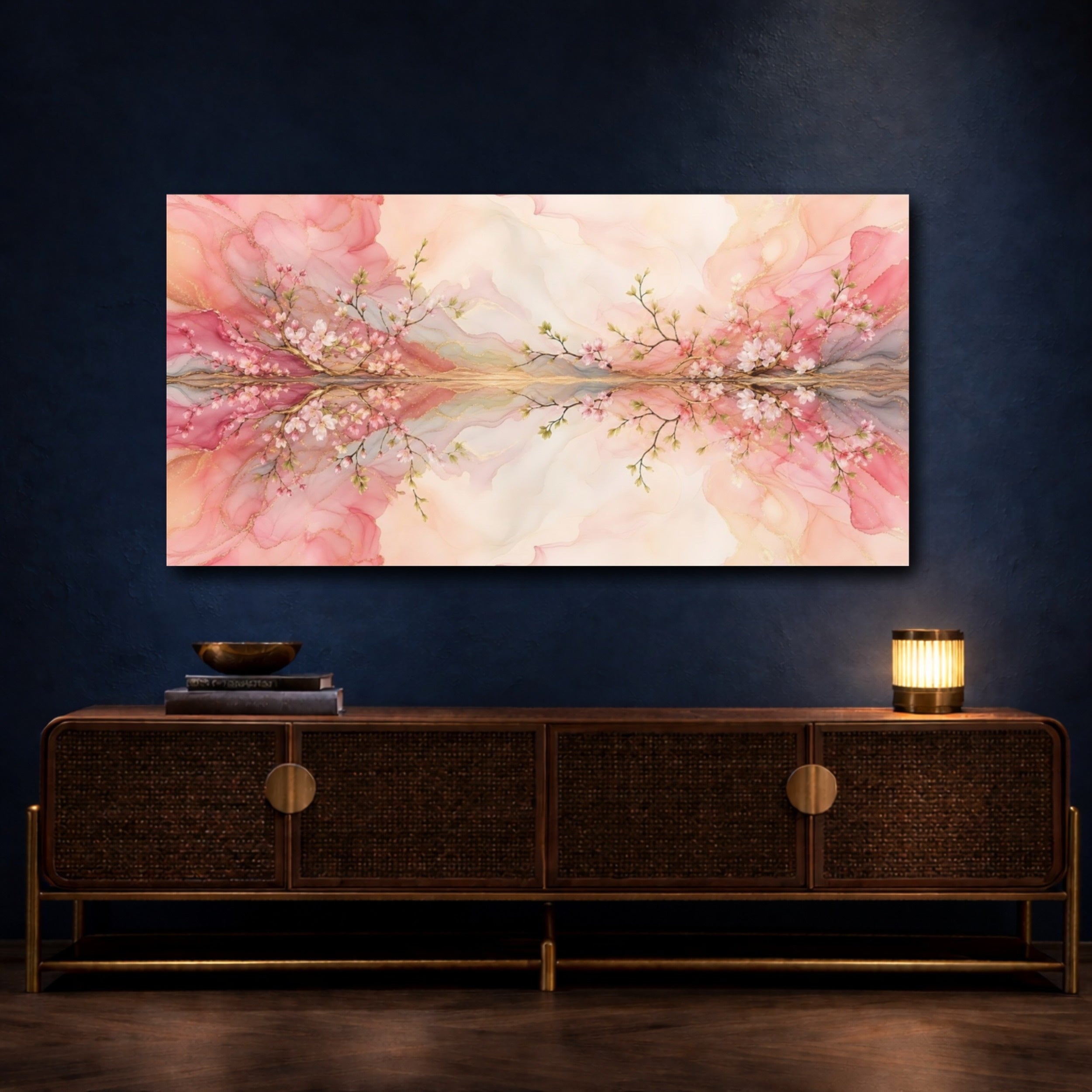 Mockup 4. Floral Cherry Blossom Pink Gold Floral shown as stretched canvas wall art
