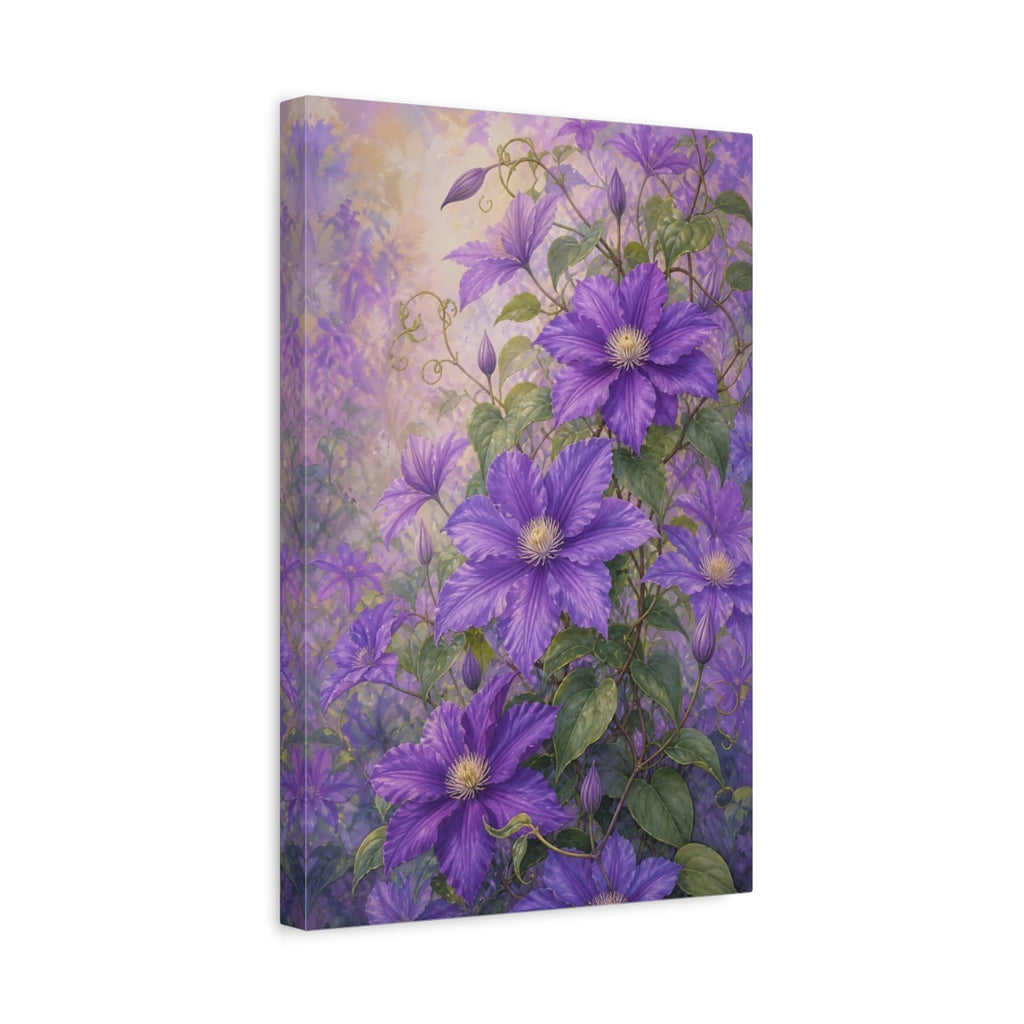 Side Mockup 4. Floral Clematis Flowers Purple Clematis shown as stretched canvas wall art