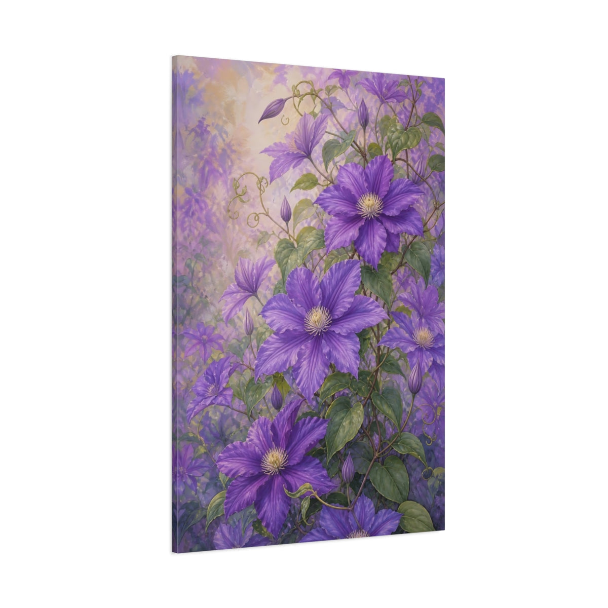 Side Mockup 1. Floral Clematis Flowers Purple Clematis shown as stretched canvas wall art