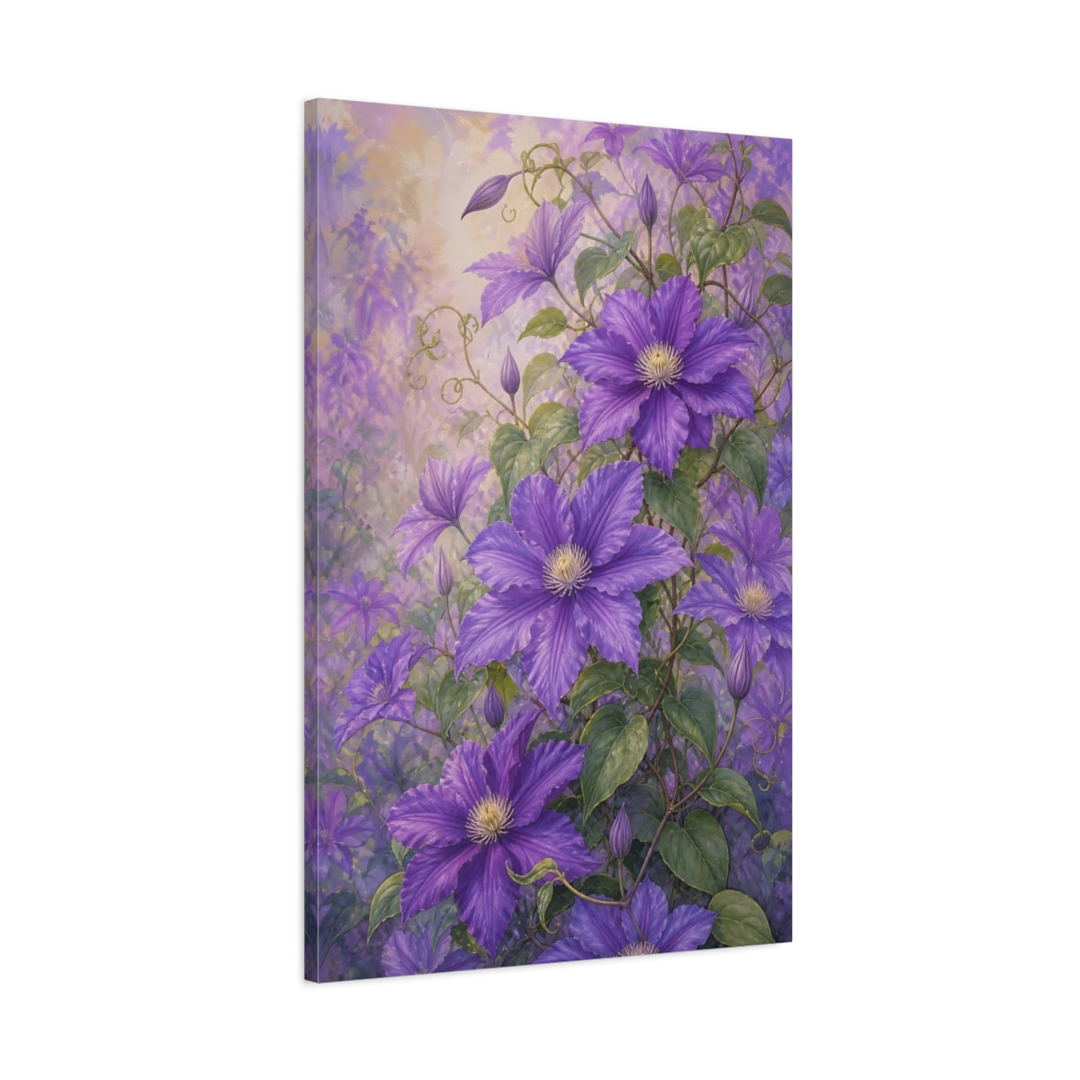 Main Mockup. Floral Clematis Flowers Purple Clematis shown as stretched canvas wall art