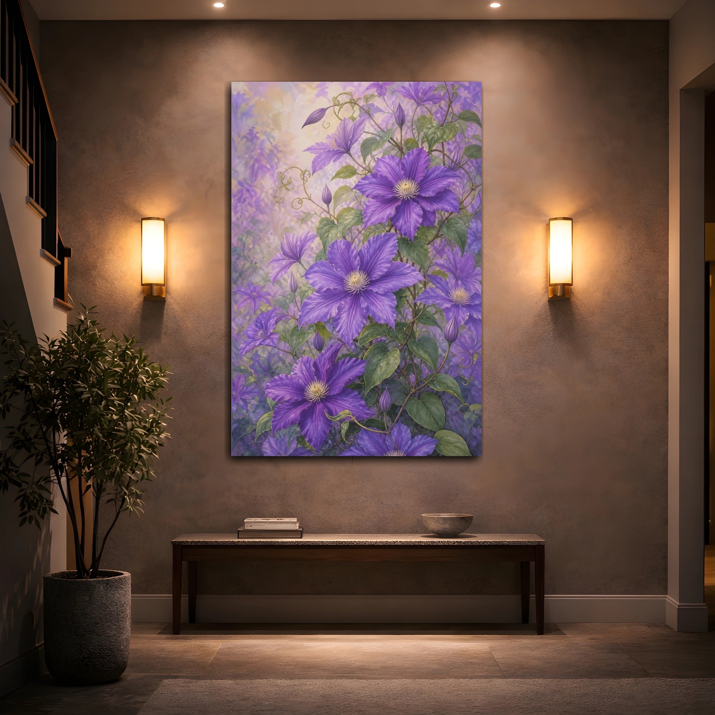 Mockup 2. Floral Clematis Flowers Purple Clematis shown as stretched canvas wall art