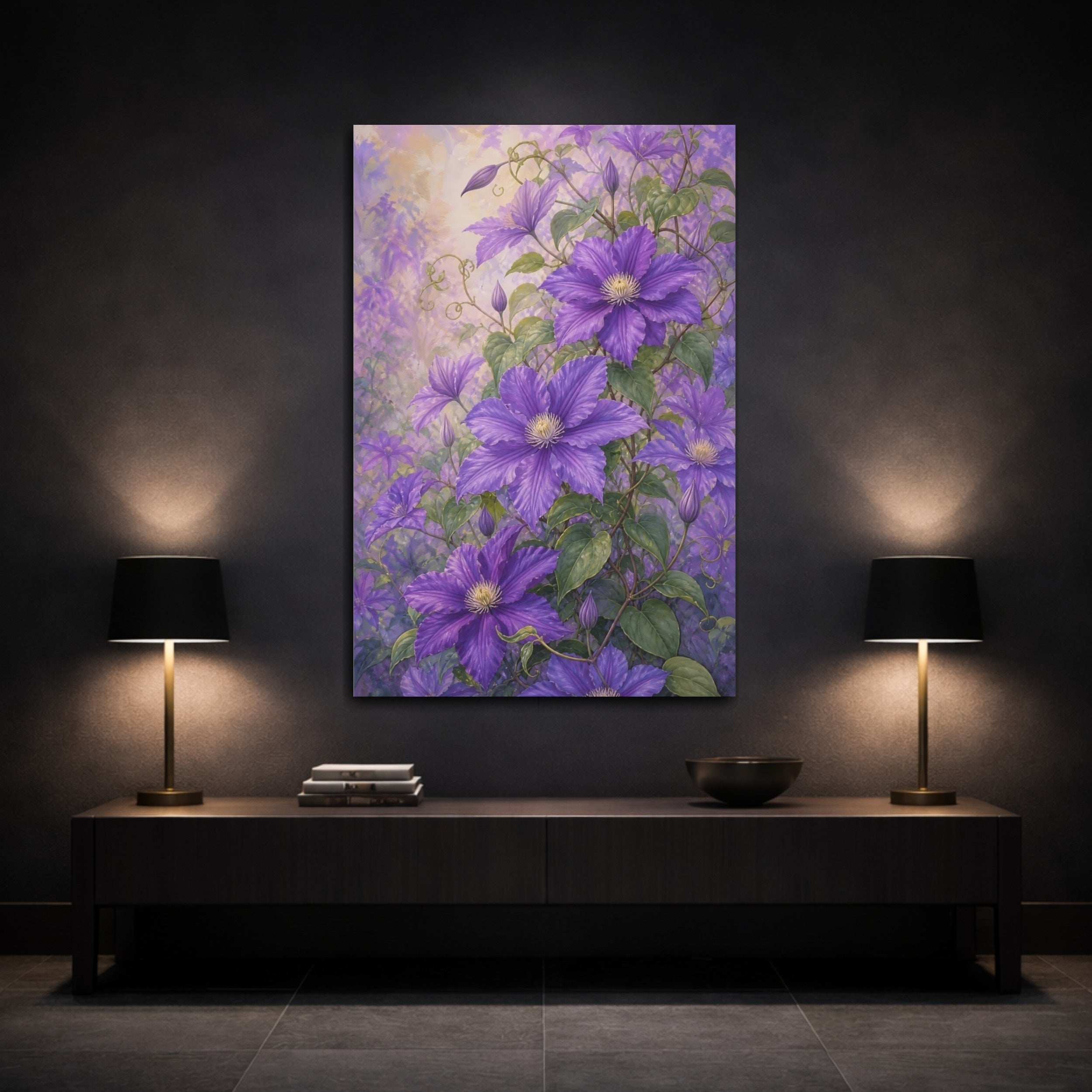 Mockup 3. Floral Clematis Flowers Purple Clematis shown as stretched canvas wall art