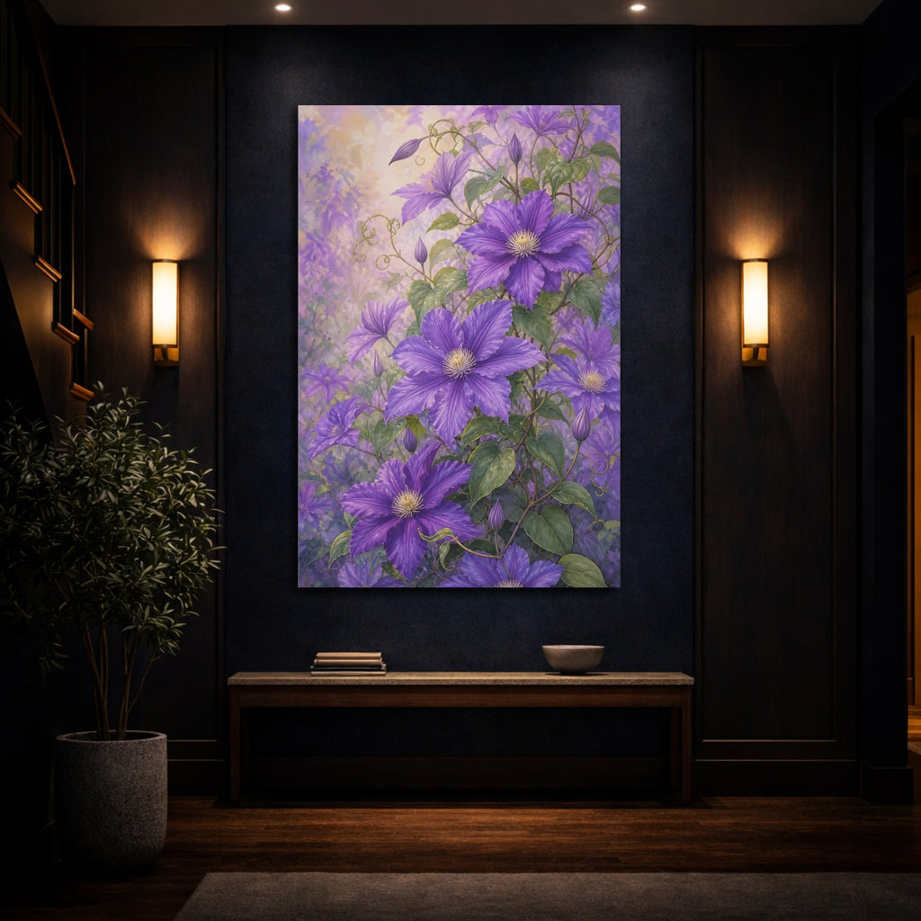 Mockup 4. Floral Clematis Flowers Purple Clematis shown as stretched canvas wall art