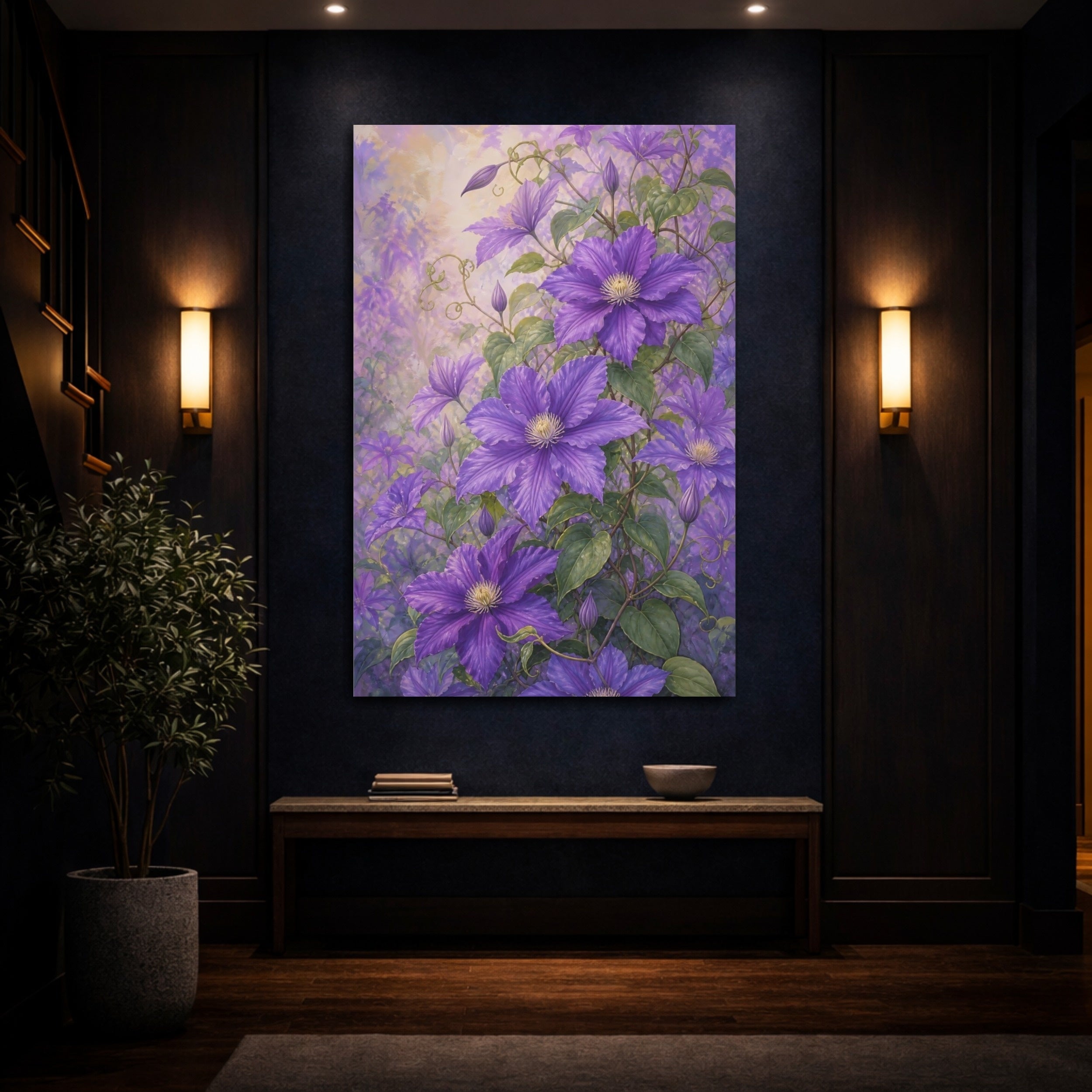 Mockup 4. Floral Clematis Flowers Purple Clematis shown as stretched canvas wall art
