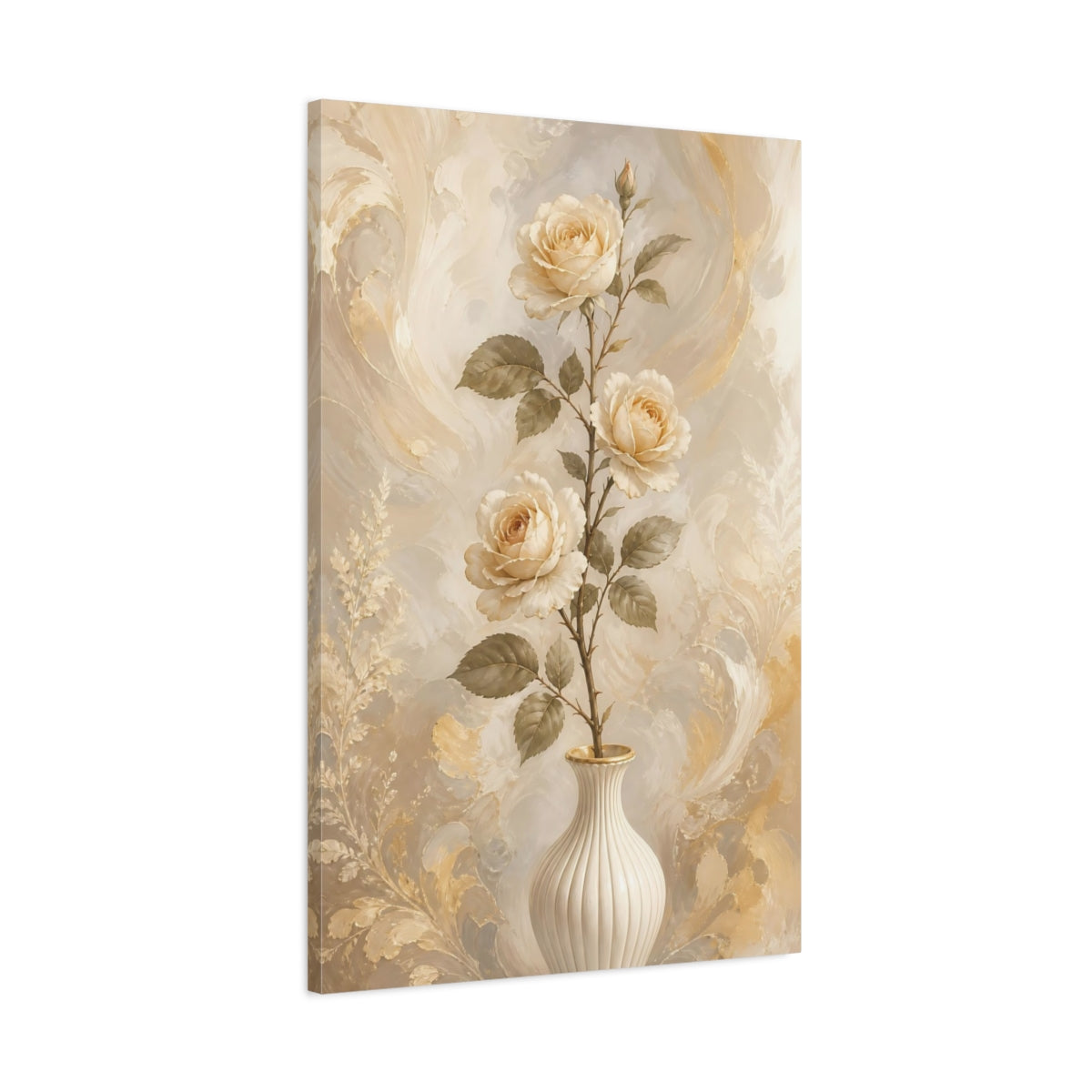 Main Mockup. Floral Cream Roses Cream Gold Floral shown as stretched canvas wall art
