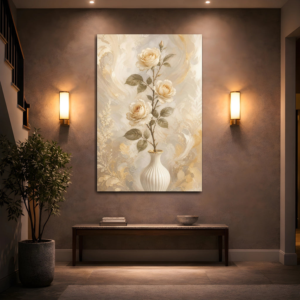 Mockup 2. Floral Cream Roses Cream Gold Floral shown as stretched canvas wall art