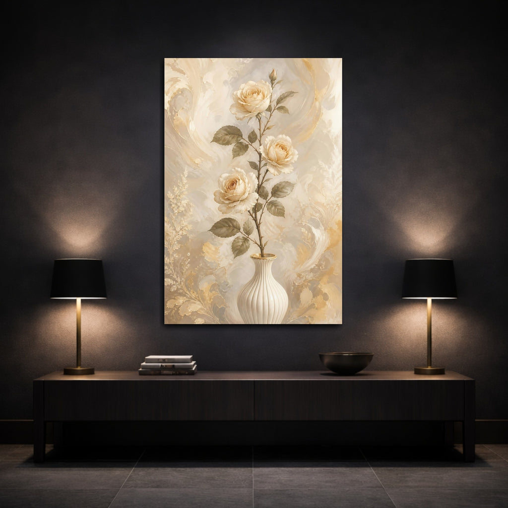 Mockup 3. Floral Cream Roses Cream Gold Floral shown as stretched canvas wall art
