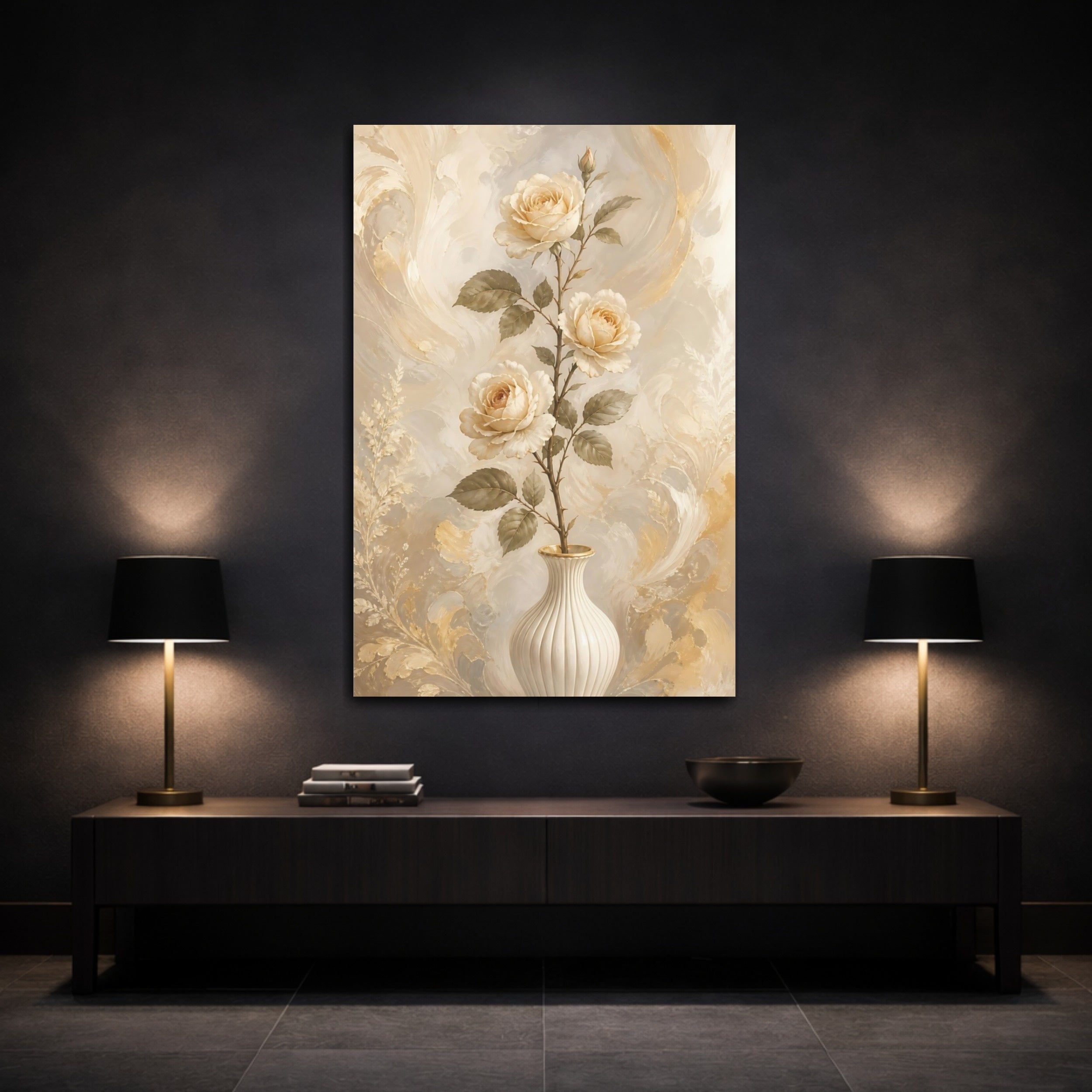 Mockup 3. Floral Cream Roses Cream Gold Floral shown as stretched canvas wall art